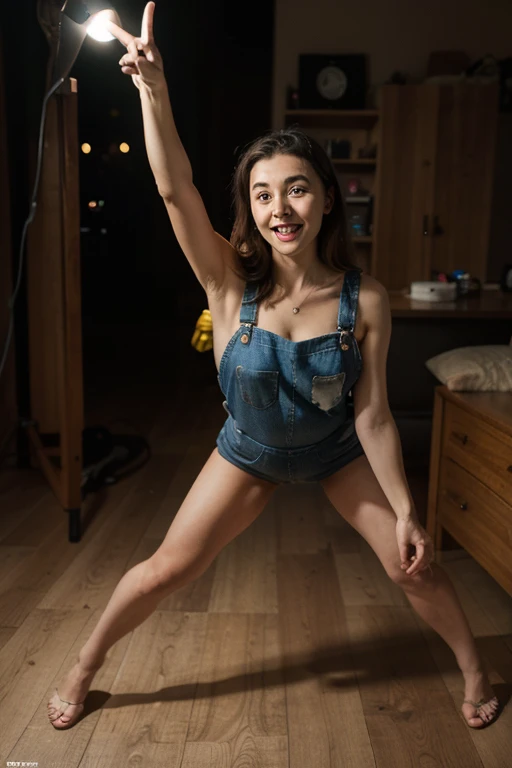 ((From a straight above, birds-eye perspective)), dainty, lithe, Cute, gorgeous, Caucasian girl, fit, (muscular:1.0), 18, teen, (flexing biceps:1.3), abs, slender, slim, long flowing brown hair, blue eyes, glamorous, stunning, flawless, perfect, beautiful, cute, pretty, coy smile, masterpiece, 8k, highly detailed, tight plaid skirt, tied up white button up top, seductive smile, abs, with her standing up slightly bent, high heel knee high boots, (toned and defined muscles), indoor, classroom detention, (head tilted back:1.5), looking up at viewer, leaning back, (selfie view from above:1.5), (arms reaching straight up overhead:1.5), (off center focus:1.5),