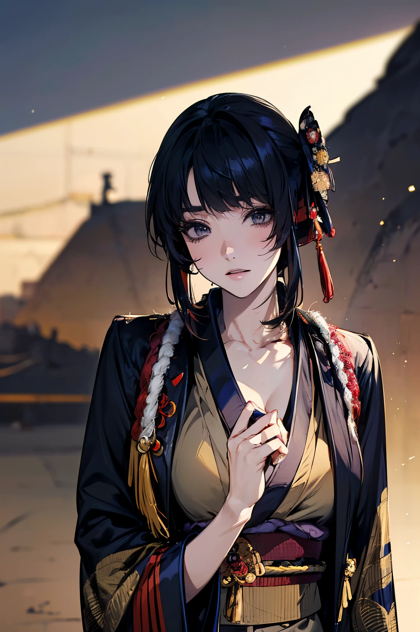 (masterpiece:1.5),beautiful hair,beautiful eyes with a vagina,beautiful lips,Beautiful slender body,(Konno Anna:1.2),(Riho Yoshioka:1.1),(random expression:1.3),(Mountains in the background:1.4),bust illustration from the front ,Cleavage,((((An Extraordinary Beauty:1.7)))),((((military jacket, kimono,Taisho Romance:1.5)))),((19-year-old single woman holding a fish in her hand:1.1)),(accurately depicted anatomically correct hands:1.1) dark hair,long lashes,Three-dimensional, jewel-like eyes,Very delicate and beautiful CG,2. 5D illustration, Anatomically Accurate Body, (Extremely precise illustrations:1.1),(Outdoors:1.4), (wallpaper:1.4),8k