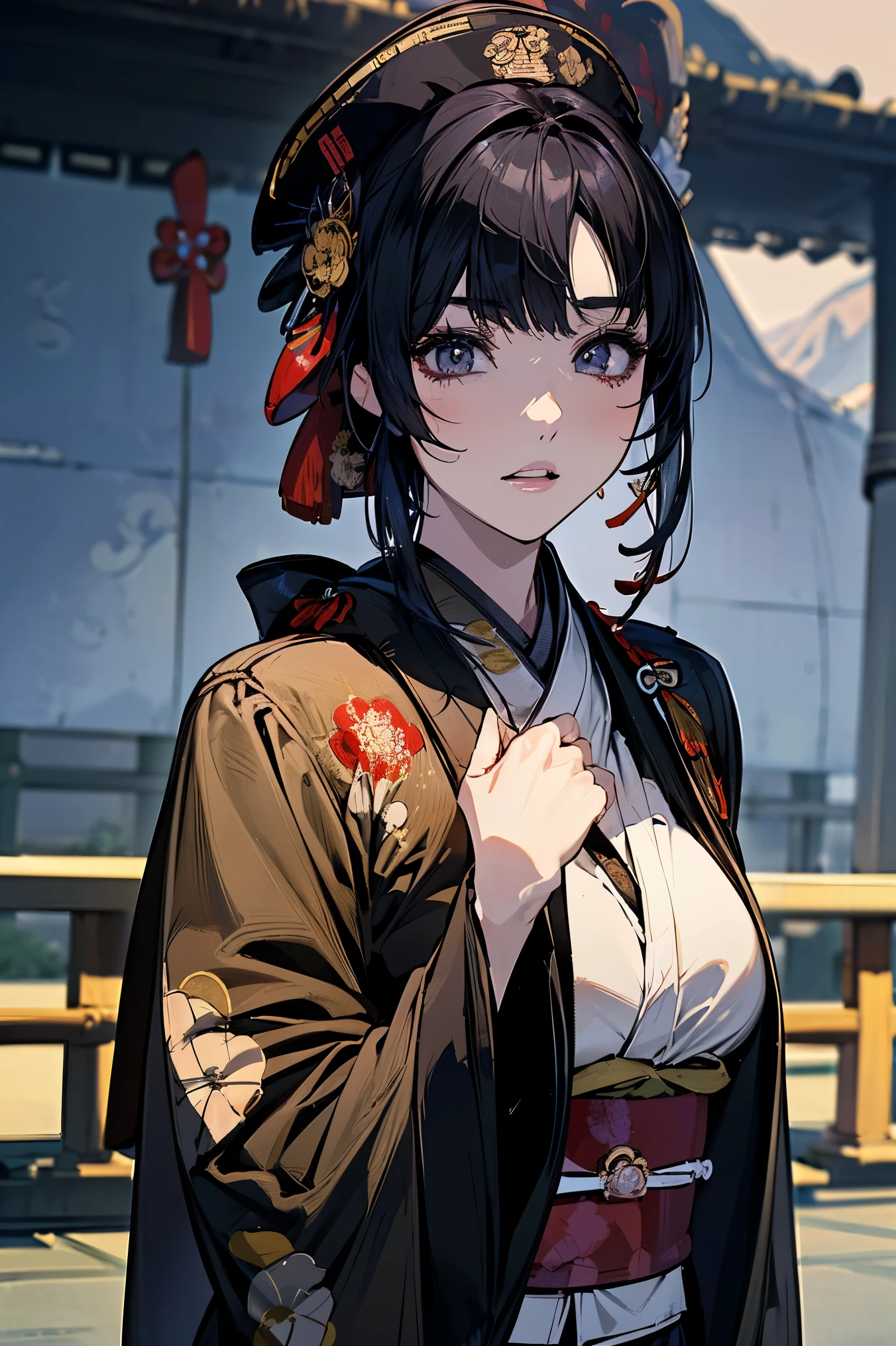 (masterpiece:1.5),beautiful hair,beautiful eyes with a vagina,beautiful lips,Beautiful slender body,(Konno Anna:1.2),(Riho Yoshioka:1.1),(random expression:1.3),(Mountains in the background:1.4),bust illustration from the front ,Cleavage,((((An Extraordinary Beauty:1.7)))),((((military jacket, kimono,Taisho Romance:1.5)))),((19-year-old single woman holding a fish in her hand:1.1)),(accurately depicted anatomically correct hands:1.1) dark hair,long lashes,Three-dimensional, jewel-like eyes,Very delicate and beautiful CG,2. 5D illustration, Anatomically Accurate Body, (Extremely precise illustrations:1.1),(Outdoors:1.4), (wallpaper:1.4),8k