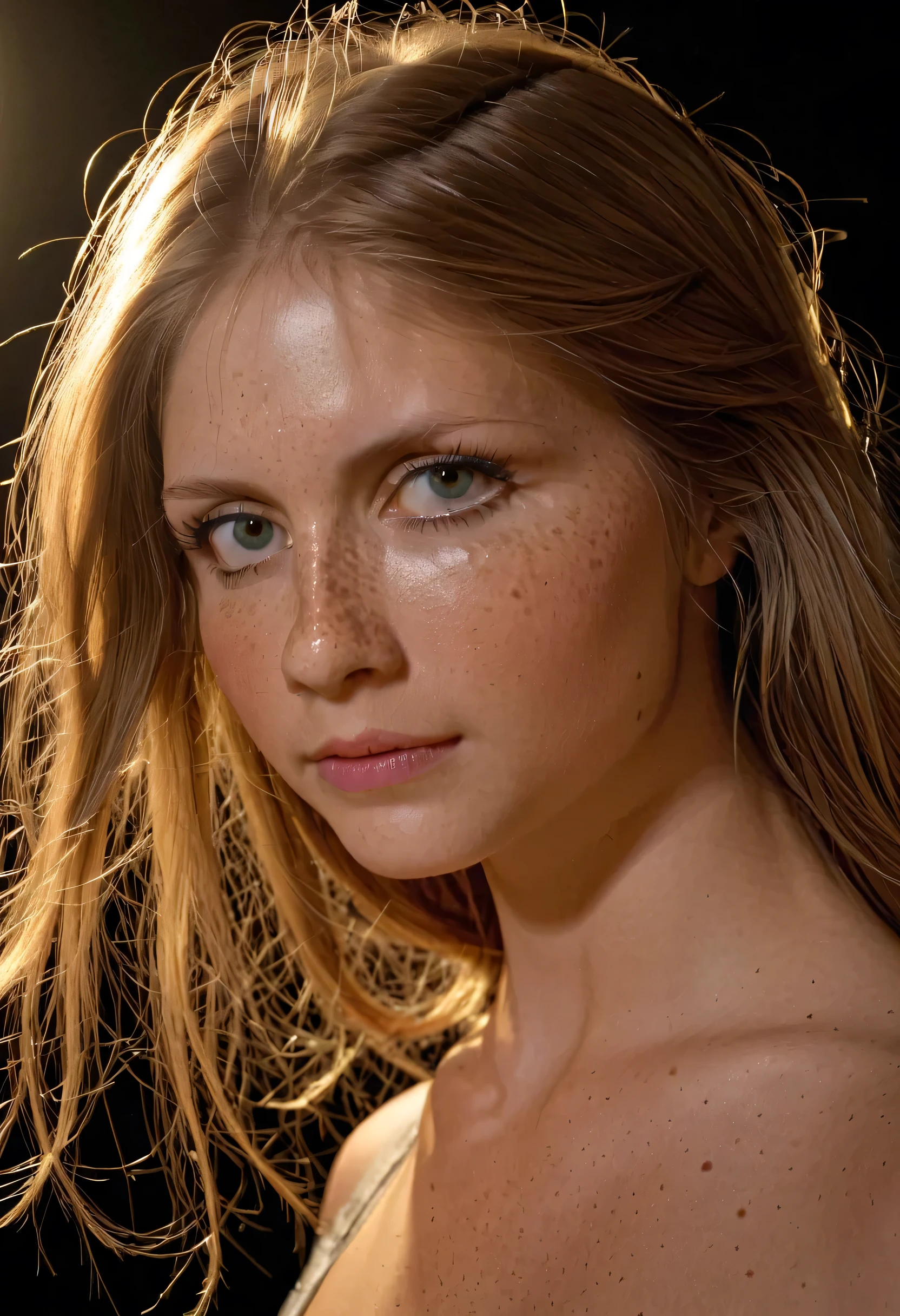 a young girl, skinny tween girl with 3/4 upper body, (()), freckles, dark blonde hair, photo-realistic, 8k, hyper detailed, masterpiece, cinematic lighting, natural skin texture, intricate details, cinematic lighting studio