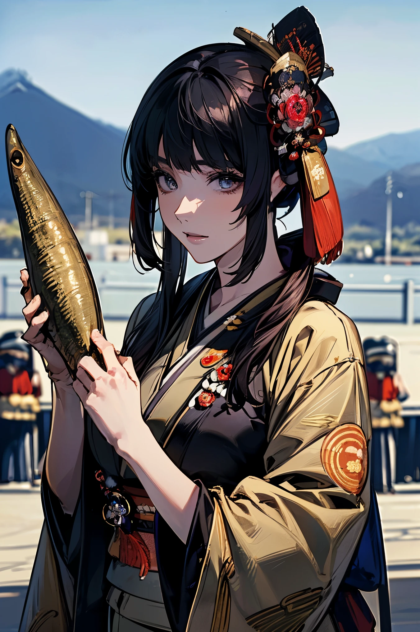 (masterpiece:1.5),beautiful hair,beautiful eyes with a vagina,beautiful lips,Beautiful slender body,(Konno Anna:1.2),(Riho Yoshioka:1.1),(random expression:1.3),(Mountains in the background:1.4),bust illustration from the front ,Cleavage,((((An Extraordinary Beauty:1.7)))),((((military jacket, kimono,Taisho Romance:1.5)))),((19-year-old single woman holding a fish in her hand:1.1)),(accurately depicted anatomically correct hands:1.1) dark hair,long lashes,Three-dimensional, jewel-like eyes,Very delicate and beautiful CG,2. 5D illustration, Anatomically Accurate Body, (Extremely precise illustrations:1.1),(Outdoors:1.4), (wallpaper:1.4),8k