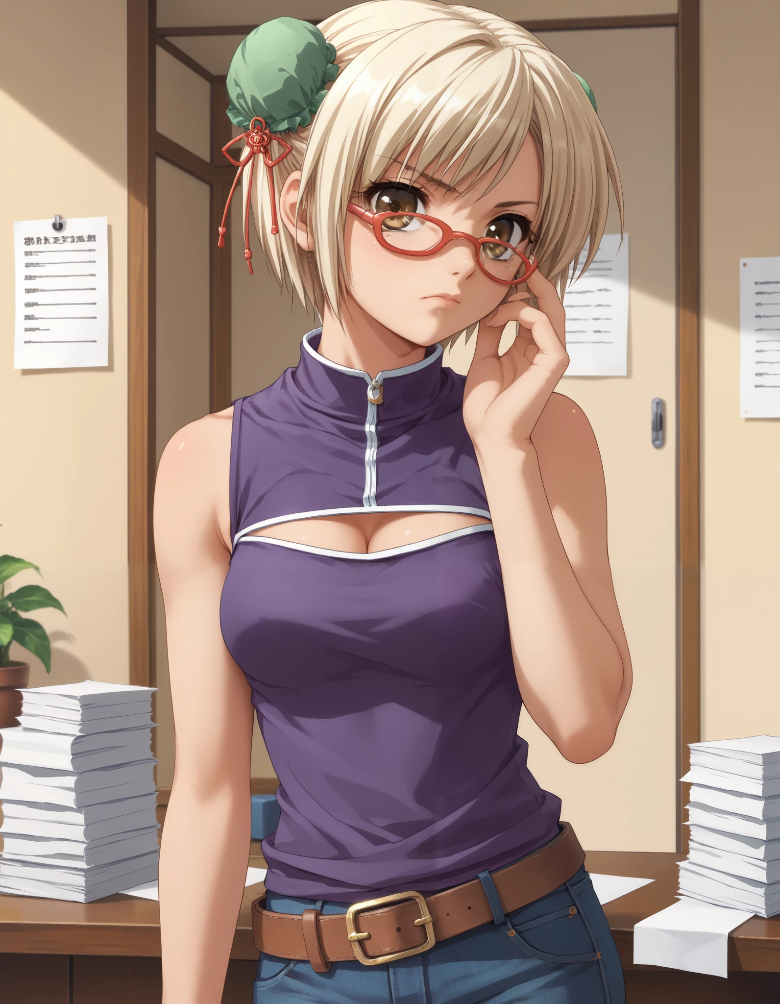 score_9, score_8_up, score_7_up, source_anime, pia carrot style, adjusting eyewear, serious, anime screencap, glasses, light blonde hair, brown eyes, short hair, glasses, hair bun, bun cover, bun covers, double bun, 1girl, solo, sleeveless, purple shirt, turtleneck, cleavage, belt, pants, jeans, indoors, papers pile, cowboy shot