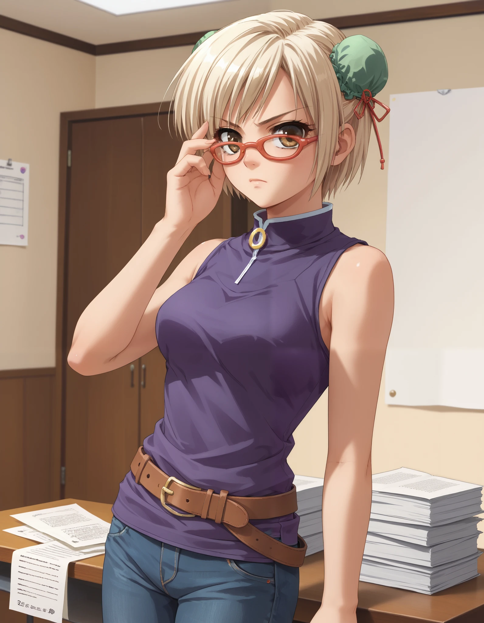 score_9, score_8_up, score_7_up, source_anime, pia carrot style, adjusting eyewear, serious, anime screencap, glasses, light blonde hair, brown eyes, short hair, glasses, hair bun, bun cover, bun covers, double bun, 1girl, solo, sleeveless, purple shirt, turtleneck, belt, pants, jeans, indoors, papers pile, cowboy shot