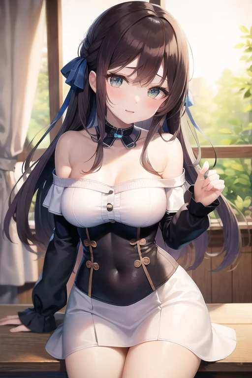 ((highest quality, High resolution, Perfect Pixel, 4K))), 1 female, Beautiful woman、I could see the whole body、apartment、 ((Twin tails, bangs, Brown Hair)), ((Brown eyes, Beautiful eyelashes, Realistic eyes)), ((Detailed face, blush:1.2))、((Smooth texture:0.75, Realistic texture:0.65, Realistic:1.1, Anime CG Style)), Large Breasts, Perfect body, (Erect nipples:0.95), )((black and white maid outfit、corset、Ribbon at collar.、Long skirt、garter belt、Knee socks)), Embarrassed smile、Kneel with your knees closed、(Skirt flip:1.2), (Shorts made with intricate and luxurious decorative lace、white lace satin panties:1.3), diagonal side angle, Dynamic Angle