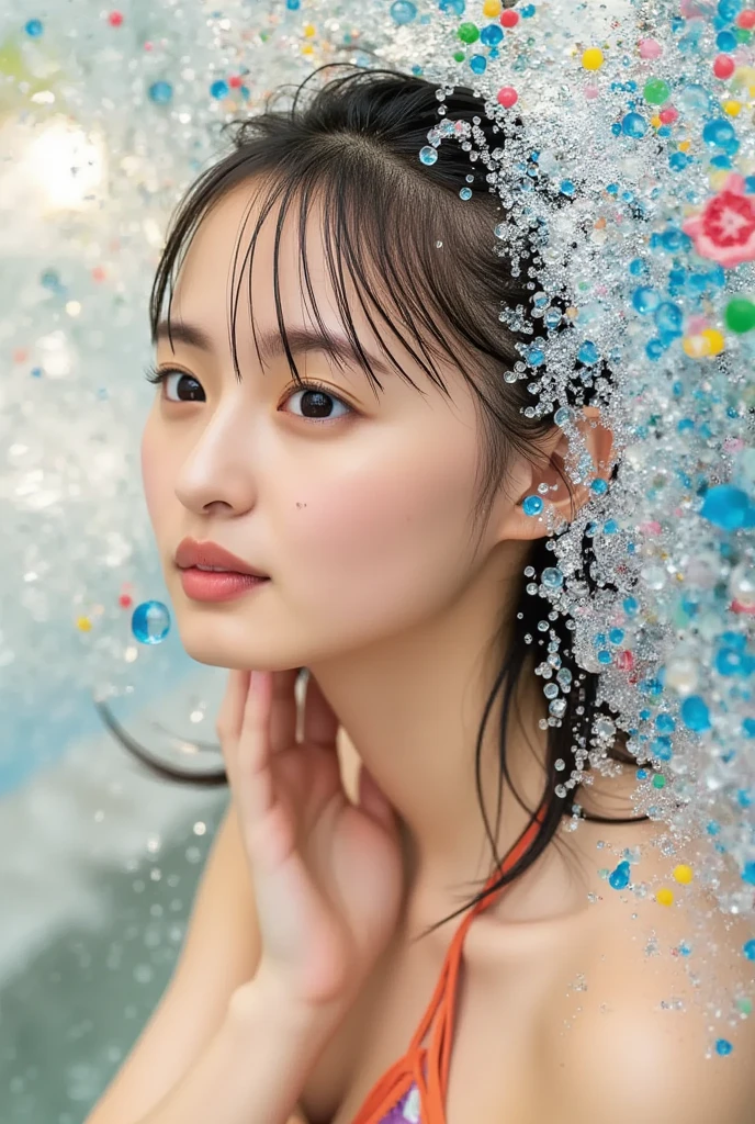 Medical、medical care、super real photo,Fantastic surrealism、Fairies in the world of soap bubbles、A beautiful 18-year-old Japanese girl who strips off her skin like a soap bubble、Emerging from a soap bubble, cinematic, portrait photography, photo, fashion