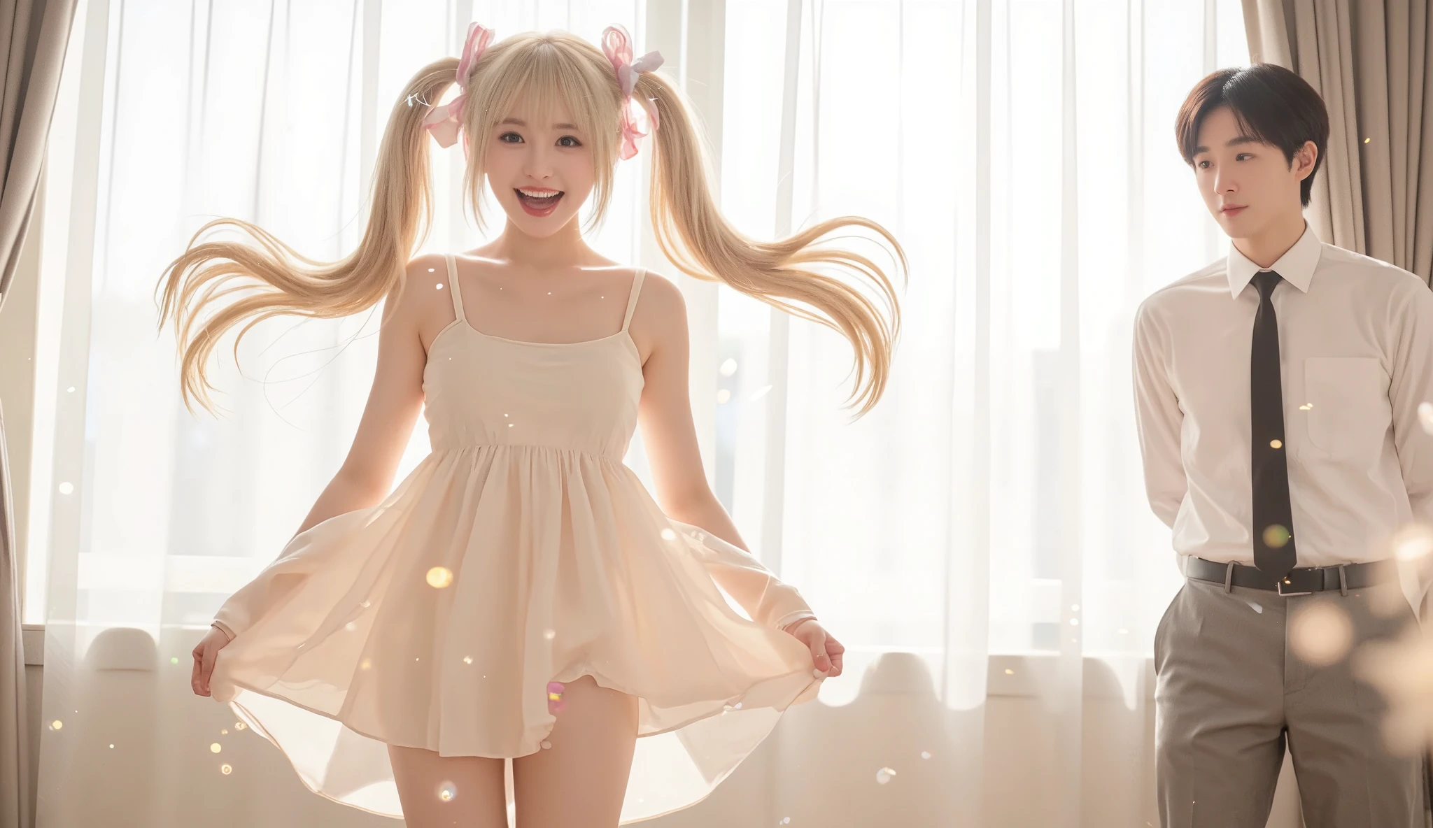 A photorealistic scene of a cheerful Japanese girl with long light blonde hair, twintails flowing behind her, jumping slightly forward with an excited and proud expression. She is smiling widely, eyes sparkling, holding the hem of her handmade outfit as if to show it off. She wears a light, flowing dress or cosplay outfit. Her posture is dynamic, one leg lifted as she steps forward, full of energy. The background is bright and dreamy, with soft bokeh and light sparkles. Near her, a young Japanese man with short black hair in a white shirt and tie looks at her in surprise, slightly turned away. Realistic lighting, soft focus background, cinematic mood.
