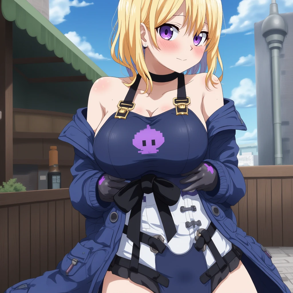<lora:MaiV2:1>, Kawakami_mai, nsfw, 1girl, solo, solo_focus, (blonde_hair), side_ponytail, purple_eyes, long_hair, bangs, gradient_hair, mole, large breasts, girl cosplaying as (Yoko V1:0.7), bikini, shorts, spiked gloves, hair stick, skull hair ornament, <lora:Yoko:0.2>
