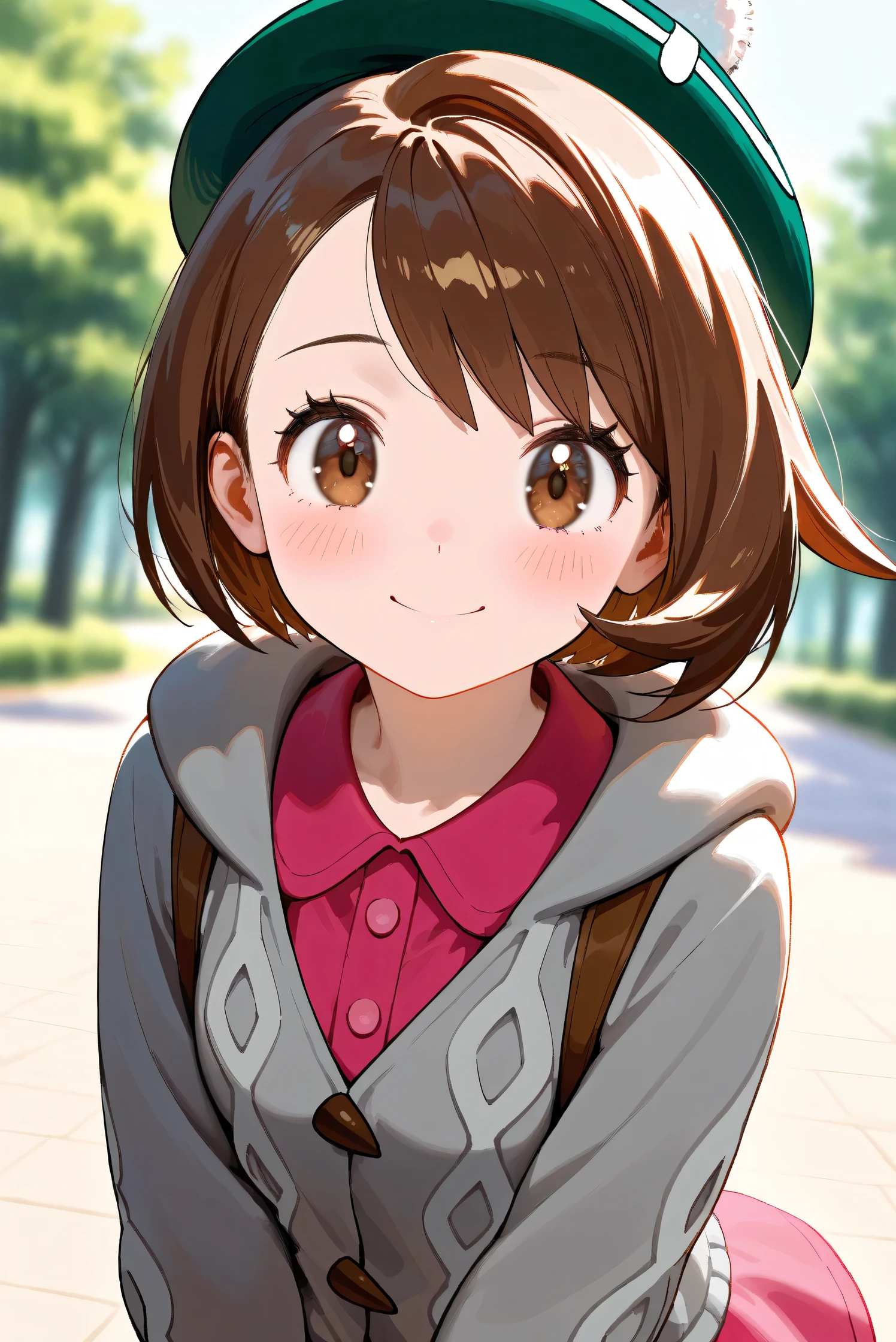 (Masterpiece), (Highest quality), (Very detailed),
(The best shape), (Best Shadow), (Absurd),
(Detailed background), (So beautiful), Shiny ,
Beautiful eyes in every detail, Extraordinary, Countershading, 8k, 32K, High resolution,
Very Detailed CG, UHD,
Score_9, Score_8_up, Score_7_up, Source_anime,
(Pastel painting:1.2), (Watercolor painting:1.2),
(Masterpiece, Detailed:1.2), (Foreshortening:1.2),
Cinematic, Dramatic, (Depth of field:1.4),
(Blurry background:1.4), (Realistic background:1.4),
(Foreshortening:1.3),Dynamic angle, dynamic pose,
1 girl,
Outdoor, Nature, Park, Wind,
Pokémon,
gloria, gloria (pokemon), short hair, bangs, brown hair, brown eyes, eyelashes, bob cut,
hat, dress, buttons, cardigan, pink dress, green headwear, collared dress, cable knit, grey cardigan, tam o' shanter, hooded cardigan,
Portrait, Focus on face, (Close up shot:1.2),
(Blush:1.3), smile, happy, joyful,
Shiny skin,