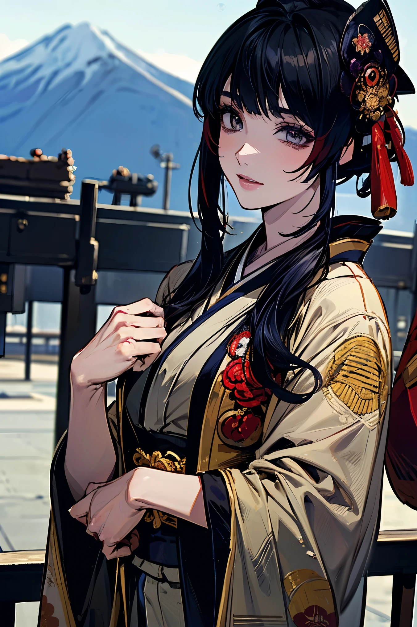 (masterpiece:1.5),beautiful hair,beautiful eyes with a vagina,beautiful lips,Beautiful slender body,(Konno Anna:1.2),(Riho Yoshioka:1.1),(random expression:1.3),(Mountains in the background:1.4),bust illustration from the front ,Cleavage,((((An Extraordinary Beauty:1.7)))),((((military jacket, kimono,Taisho Romance:1.5)))),((19-year-old single woman holding a fish in her hand:1.1)),(accurately depicted anatomically correct hands:1.1) dark hair,long lashes,Three-dimensional, jewel-like eyes,Very delicate and beautiful CG,2. 5D illustration, Anatomically Accurate Body, (Extremely precise illustrations:1.1),(Outdoors:1.4), (wallpaper:1.4),8k