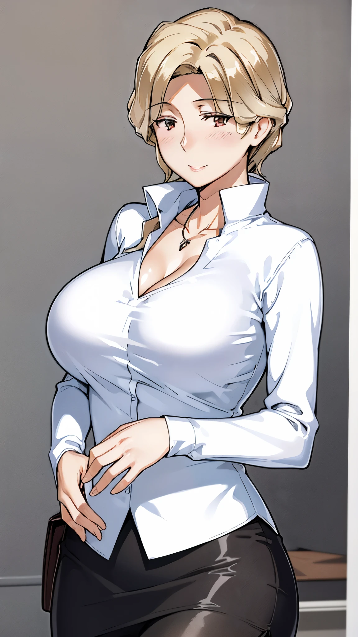 （super quality,super high resolution,16k,Super Masterpiece,Ultra HD ,detailed shading and background,）sexy mature woman,sexy long sleeve white shirt,cleavage,necklace,Big Breasts,tight skirt,cover,maternal smile,thick lips,