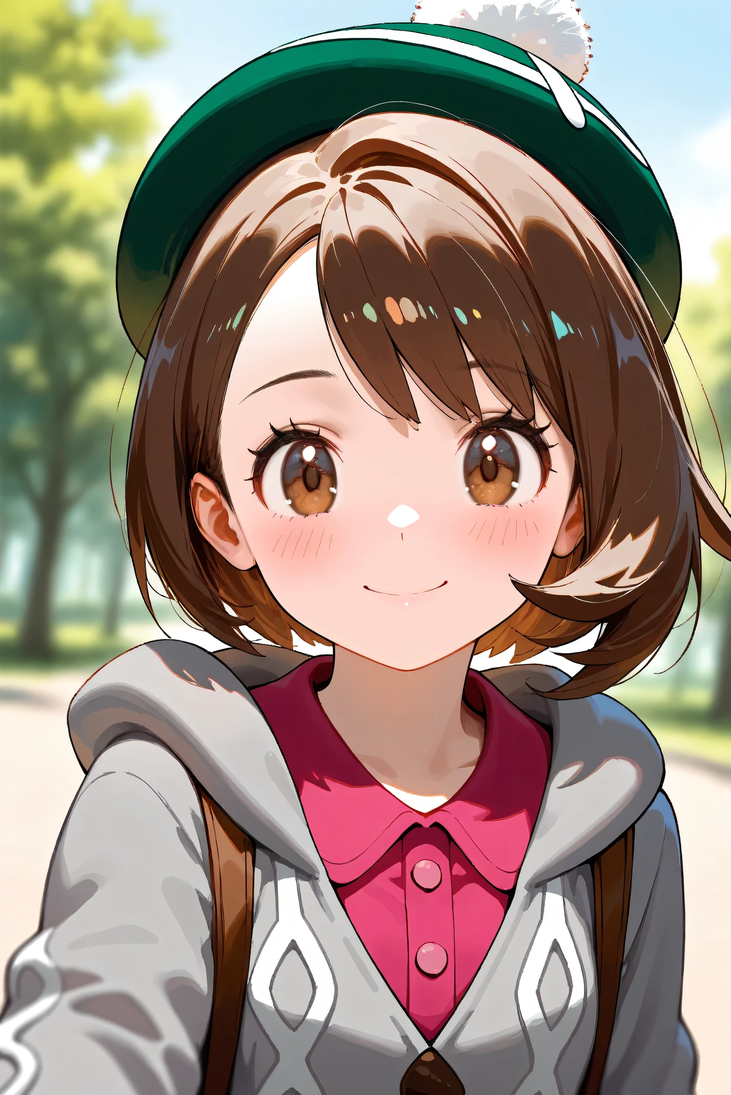 (Masterpiece), (Highest quality), (Very detailed),
(The best shape), (Best Shadow), (Absurd),
(Detailed background), (So beautiful), Shiny ,
Beautiful eyes in every detail, Extraordinary, Countershading, 8k, 32K, High resolution,
Very Detailed CG, UHD,
Score_9, Score_8_up, Score_7_up, Source_anime,
(Pastel painting:1.2), (Watercolor painting:1.2),
(Masterpiece, Detailed:1.2), (Foreshortening:1.2),
Cinematic, Dramatic, (Depth of field:1.4),
(Blurry background:1.4), (Realistic background:1.4),
(Foreshortening:1.3),Dynamic angle, dynamic pose,
1 girl,
Outdoor, Nature, Park, Wind,
Pokémon,
gloria, gloria (pokemon), short hair, bangs, brown hair, brown eyes, eyelashes, bob cut,
hat, dress, buttons, cardigan, pink dress, green headwear, collared dress, cable knit, grey cardigan, tam o' shanter, hooded cardigan,
Portrait, Focus on face, (Close up shot:1.2),
(Blush:1.3), smile, happy, joyful,
Shiny skin,