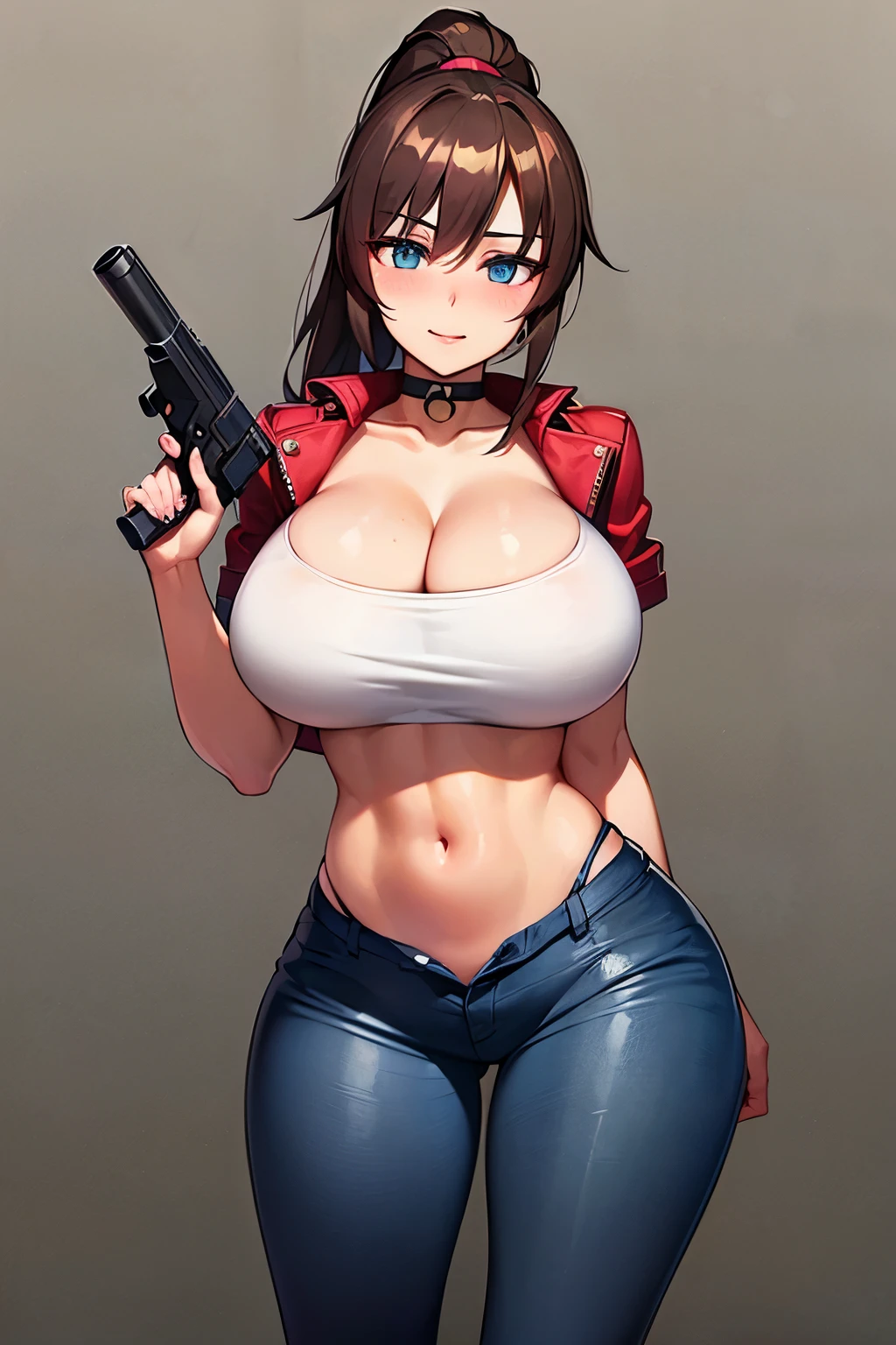 Rebecca chambers attractive huge breasts thick lips tight military outfit wearing red bandana on head in city night snowing holding medkit