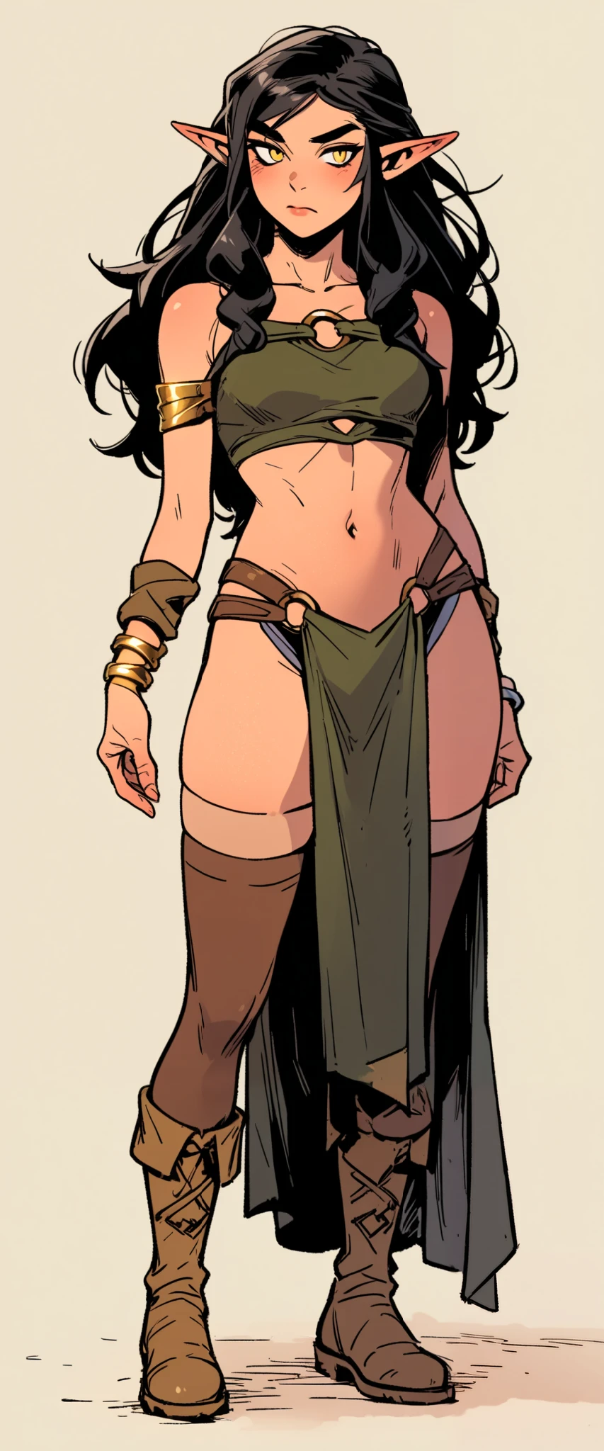 c0m1c_v1, 1girl, solo, pointy ears, thighhighs, navel, white background, long hair, simple background, breasts, brown footwear, full body, black hair, elf, brown thighhighs, boots, yellow eyes, pelvic curtain, bracelet, jewelry, standing, looking at viewer, closed mouth, crop top, midriff, blush, small breasts, o-ring, bare shoulders
