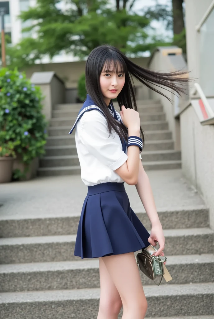 1girl, 18yo school girl, sailor uniform, climbing stairs, looking at viewer, smiling, view from below, (masterpiece, 8k, best quality:1.2), photorealistic, hyper detailed, cinematic lighting, vibrant colors, natural skin tones, intricate details, flawless rendering, sharp focus