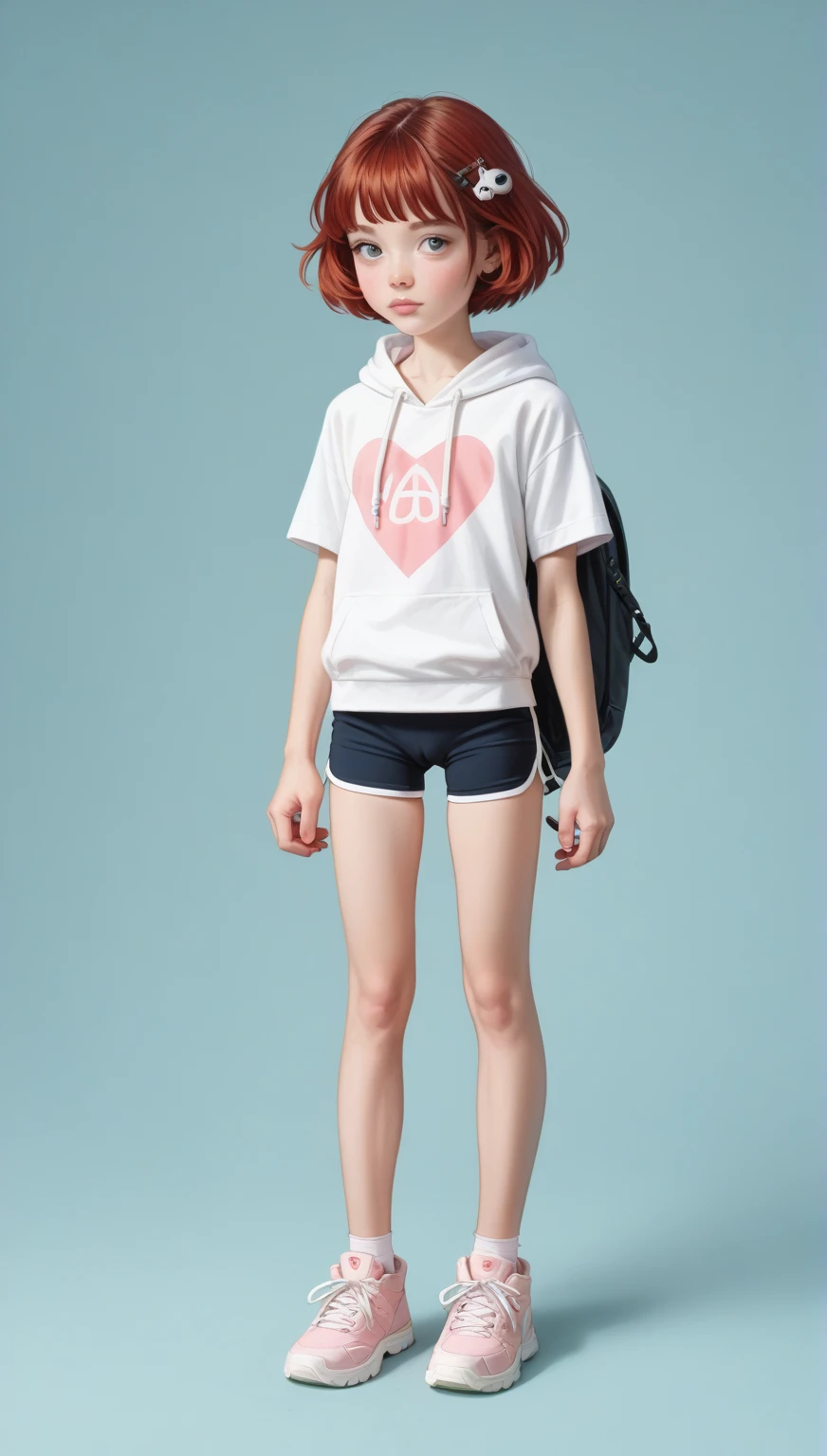 springtime,In nature,A in a white shirt,Pink shorts, wearing pink hat,Bring a pink backpack,Wear pink sneakers on your feet