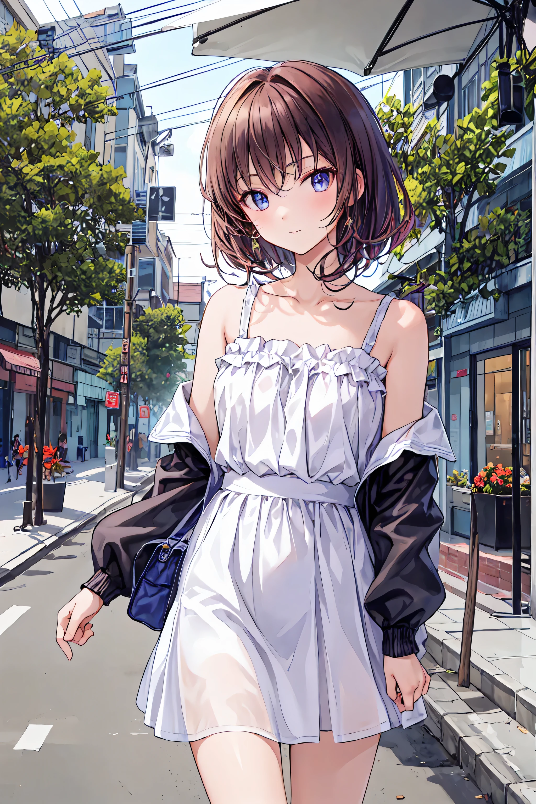 [[Clannad Style]], [[Cute girl with short hair and brown bangs]], [[Red eyes]],  [[Natural light]], [[Great quality]],[[masterpiece]], [[Best Artist]], [[Top performance]], [[16K quality]], [[High resolution+]]，Small breasts，Strong eye light，Cityscape