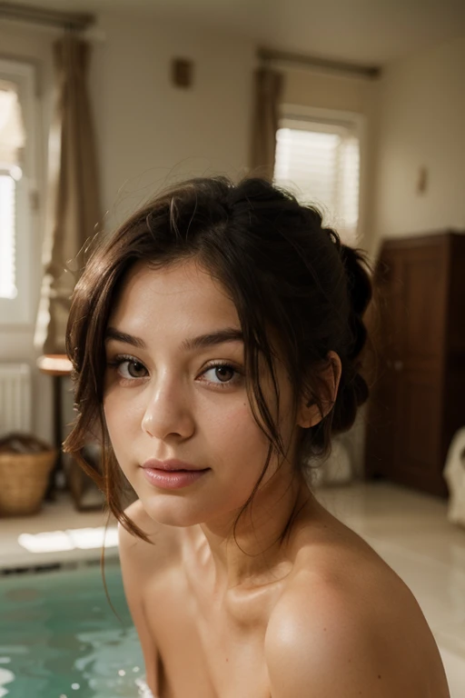 "She's in the bathtub, with a mischievous expression on her face."