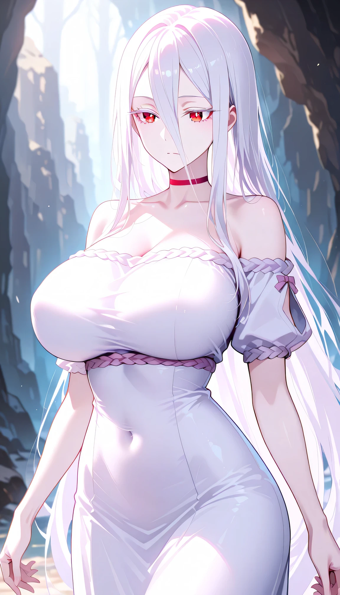 Blue eyes, big tits, 1girl, (nude), (nipples), white hair, ponytail hair, serious, tennage, moon, river