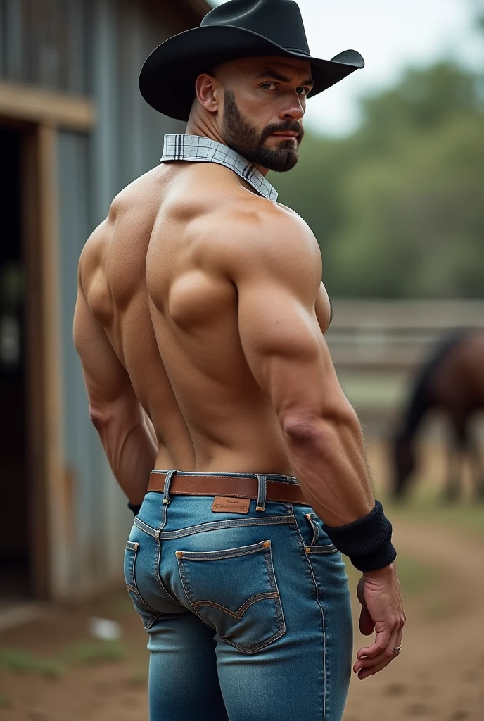 , handsome muscular cowboy, realistic, at the rodeo, ((shirtless)), gray jeans backside, (((big butt)))