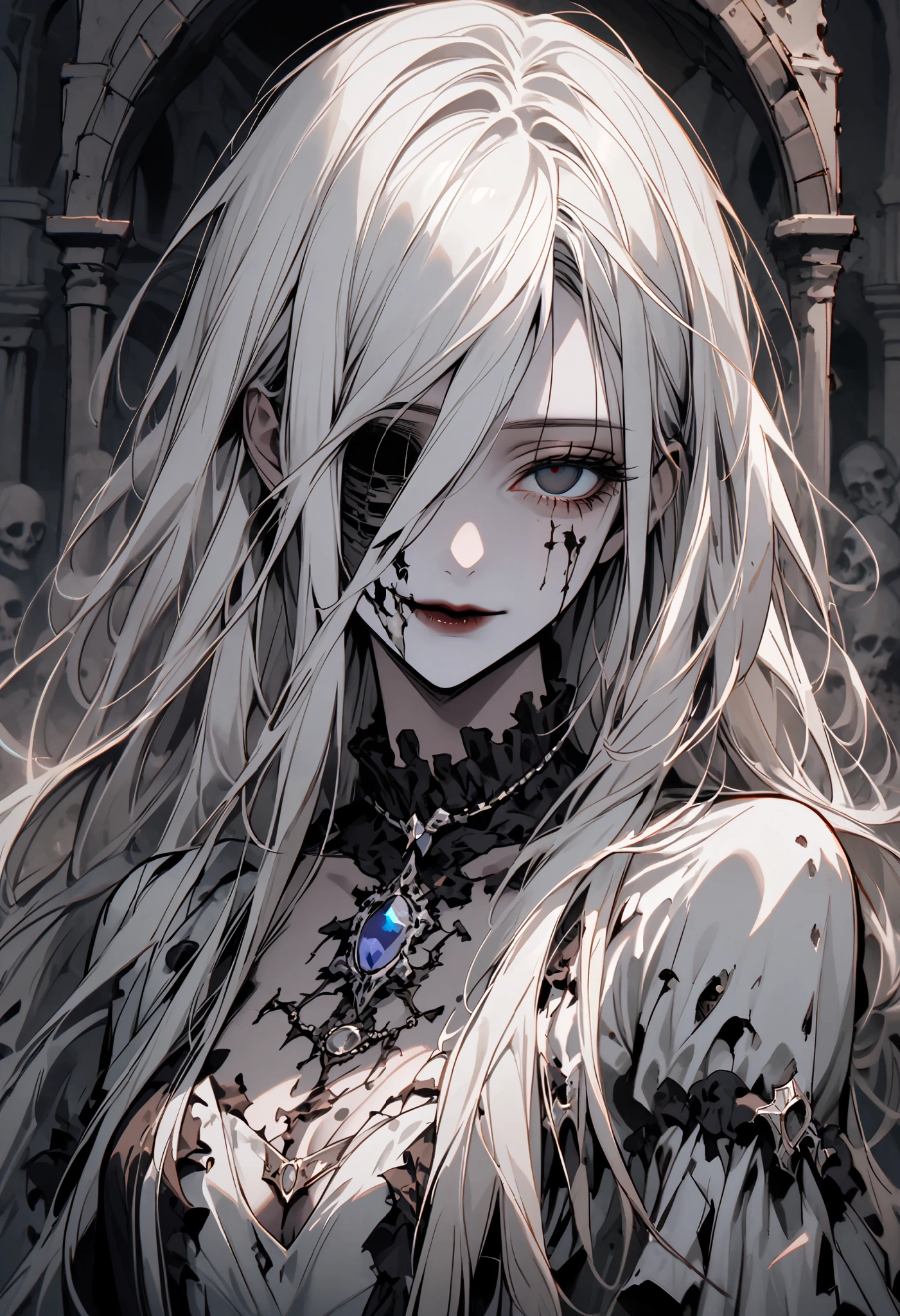 solo, female, grey skin, long white hair, silver brooch, dry body:1.2, empty eye sockets:1.5, decayed body, SFW, smile, curtsey pose, dressed in rags, graceful, ancient, crypt, close up, her skeleton is visible through her skin, gore, lips