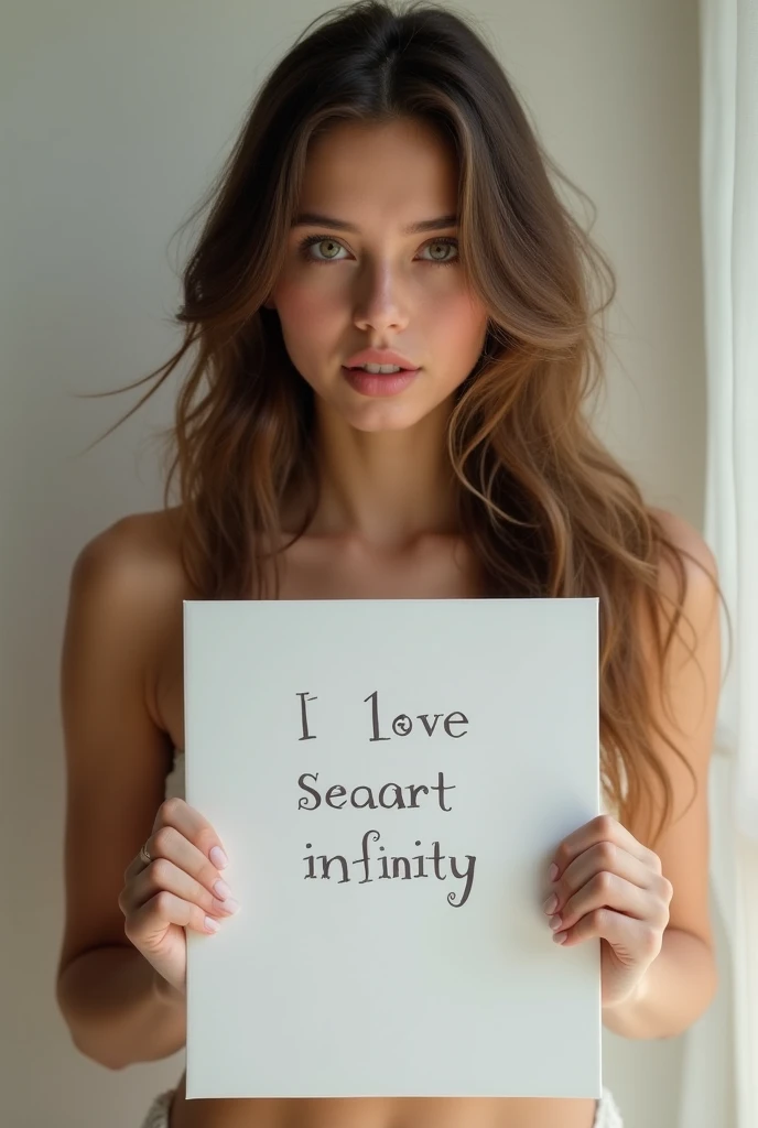 Beautiful girl with wavy long hair, naked, holding a white board with text "I Love Seaart Infinity" and showing it to the viewer