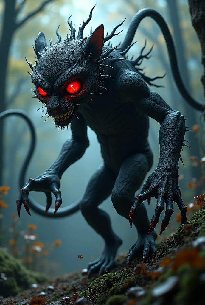Creates a nightmarish monster. He has so much hair that it completely covers his face, but the only thing you can see are his pink eyes and pointy ears. It is also covered in black hair. He has a giant tail covered in bright pink eyes that ends in one hand, his hands only have three long, clawed fingers, and he is surrounded by radioactive waste, he is also covered in that waste, and his body is made of lava and bones.