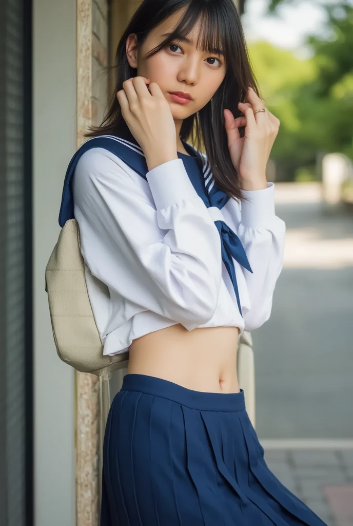 (8K、Raw、professional、highest quality、masterpiece:1.2)、(Real、Photorealistic:1.37)、Ultra-detailed、(18-year-oldの女性のポートレート)、(Highest Detail Skin:1.2)、(Highest detail face:1.2)、1woman、18-year-old、Black Hair、Long Hair、High 、日本の高Rawセーラー服の制服、(Navy blue ribbon around the neck)、The wind flipped her pleated miniskirt, revealing her white lace panties.、Sunset sky、The cityscape at dusk can be seen in the distance、golden hour