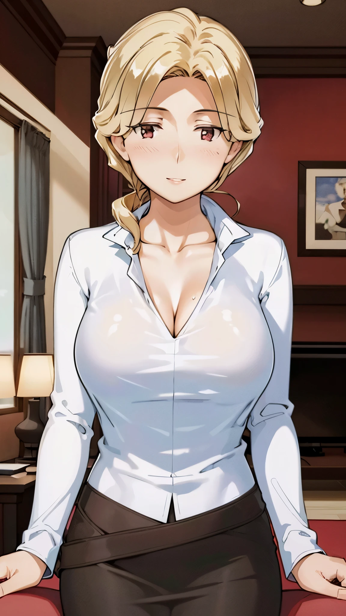(Big tits), white shirt, (long coat), black tight skirt,  fullbody, cleavage, good anatomy, masterpiece, best quality, 4k, 8k, professional photography, soft light, sharp focus, 1 girl, blonde hair, at classroom, blonde hair, parted banks, detailed face+brown eyes, open lips, lipstick, close up view, whiteboard