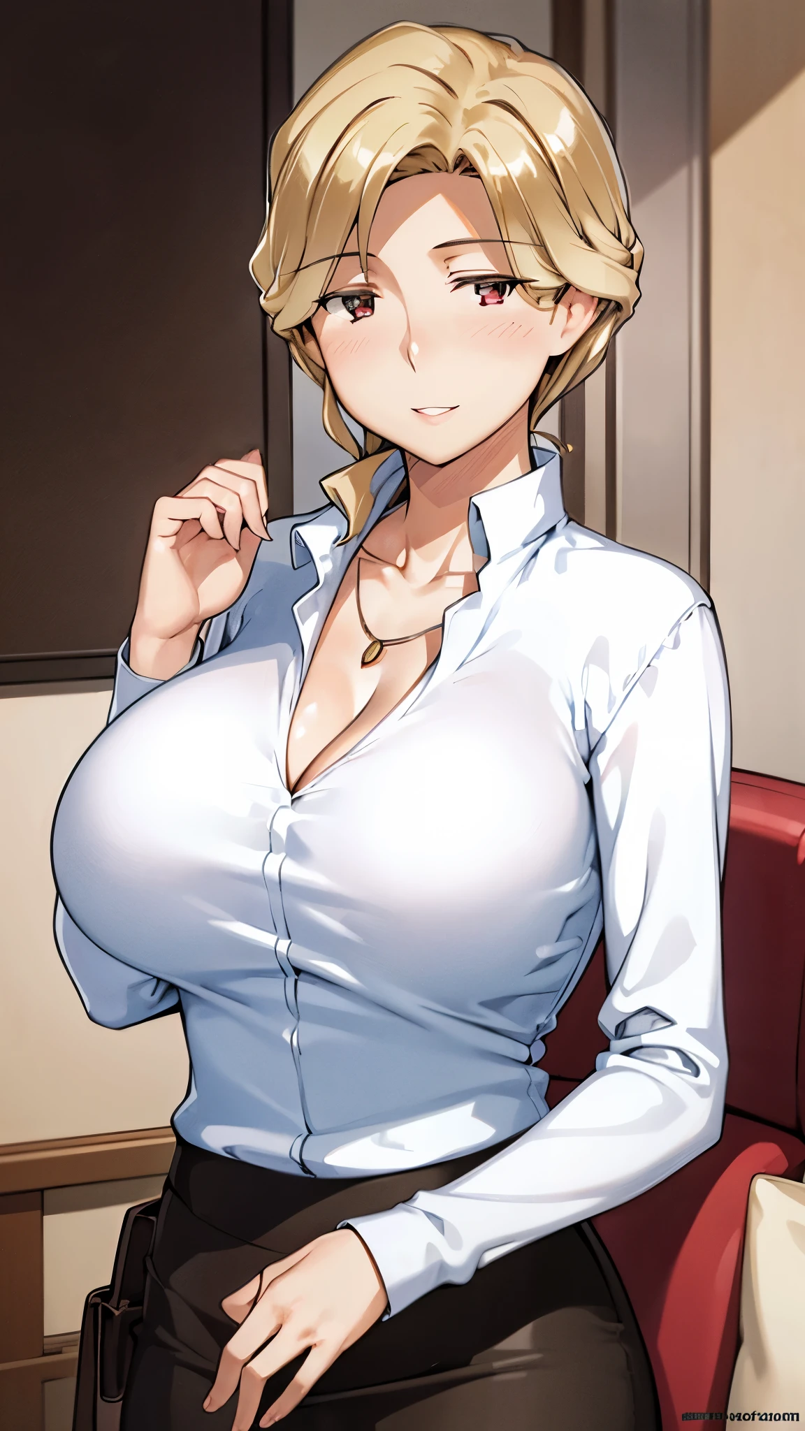 beautiful, (masterpiece:1.2), (best quality:1.2), perfect eyes, perfect face, perfect lighting, 1girl, mature businesswoman, MILF, medium breasts, pencil skirt, white shirt, cleavage, short hair, necklace, earrings, ring, long nails, office, detailed background, arms behind head,Milf