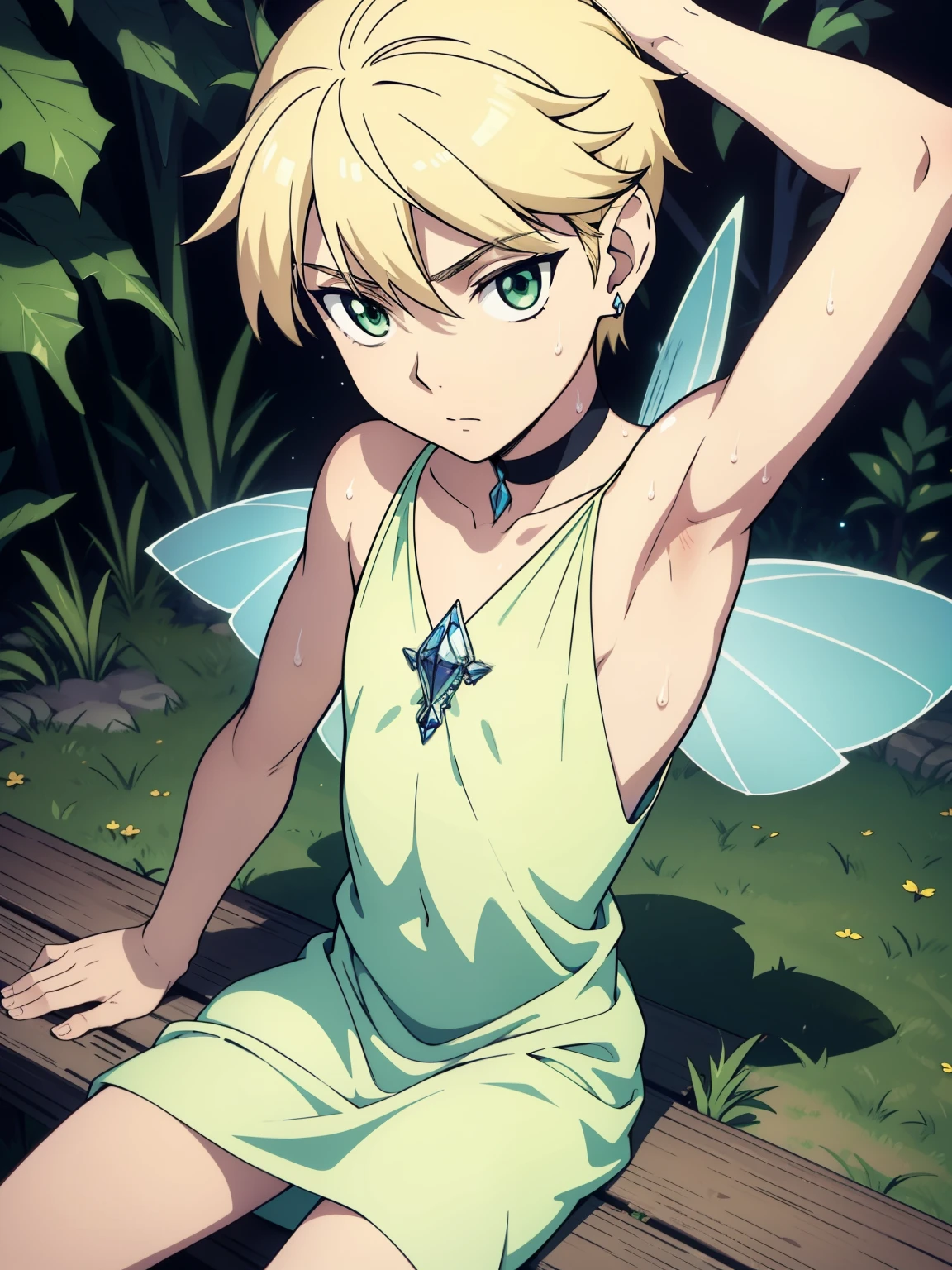 Ultra sharp, masterpiece, best quality, intricate details, detailed eyes, perfect face detailed face, masterpiece, highly detailed exquisite character art, perfectly detailed anatomy 1boy, Boy, Beautiful boy, transparent flowy outfit, pixie, fairy, small, flying, sitting legs spread, shaved sides, glowing, textured skin, whispering, green eyes, blonde hair, glossy face, fairy dust, Slim body, (Very thin body), (very young ), (very small and short body), Boy, (Showing armpit:1.3), Earring, Choker, Sweat, Simple beckground