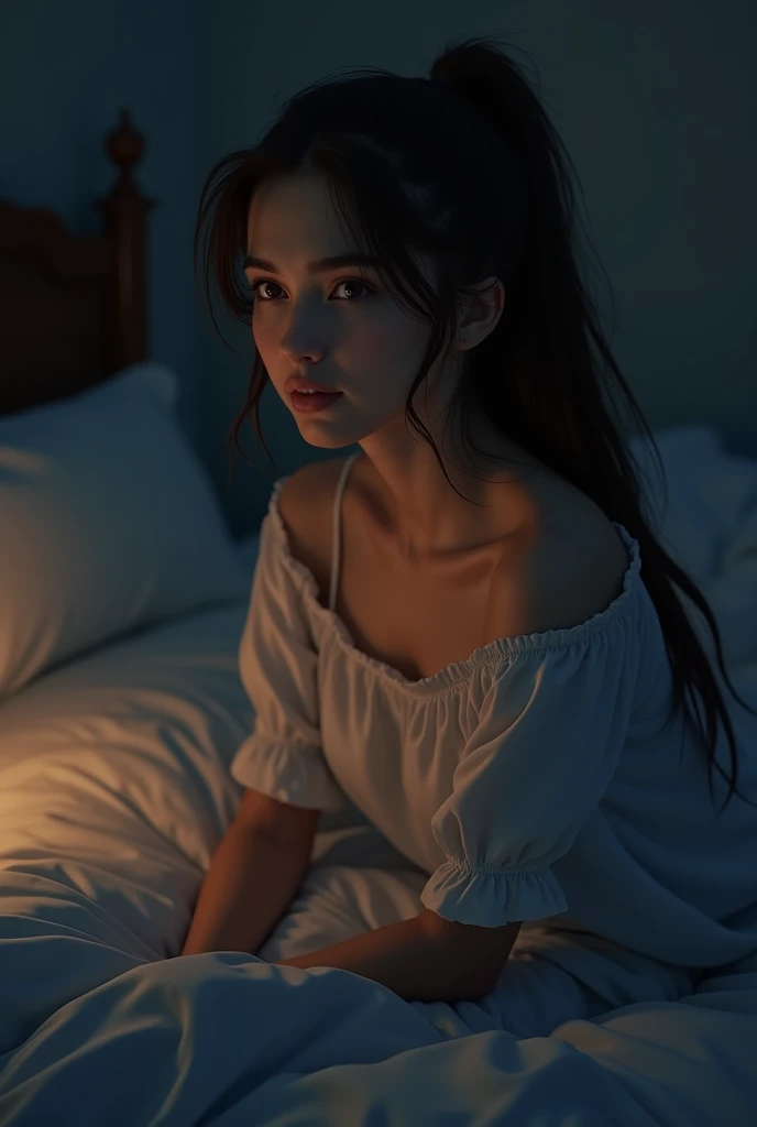 25 year old female, longye hair, neutral expression, traços ocidentais, camisola, lying on her bed, dark bedroom, moonlight shining through the window 