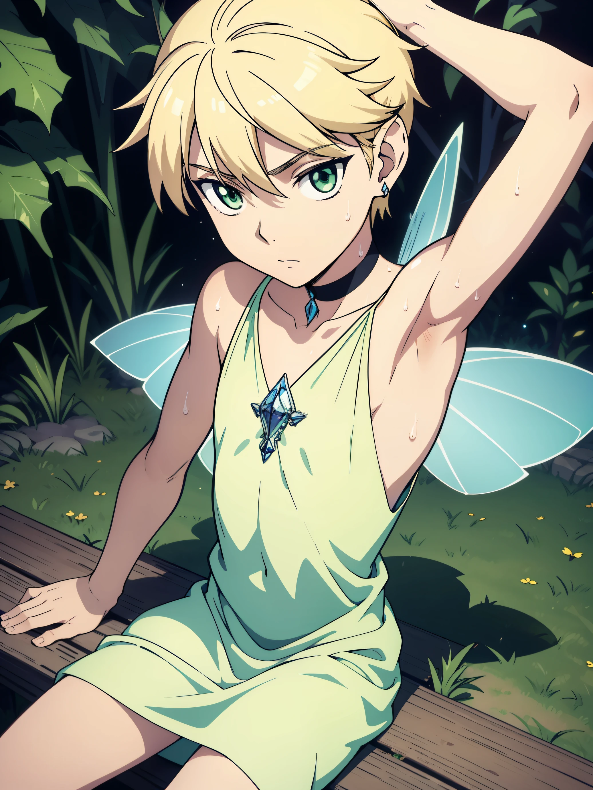 Ultra sharp, masterpiece, best quality, intricate details, detailed eyes, perfect face detailed face, masterpiece, highly detailed exquisite character art, perfectly detailed anatomy 1boy, Boy, Beautiful boy, transparent flowy outfit, pixie, fairy, small, flying, sitting legs spread, shaved sides, glowing, textured skin, whispering, green eyes, blonde hair, glossy face, fairy dust, Slim body, (Very thin body), (very young ), (very small and short body), Boy, (Showing armpit:1.3), Earring, Choker, Sweat, Simple beckground