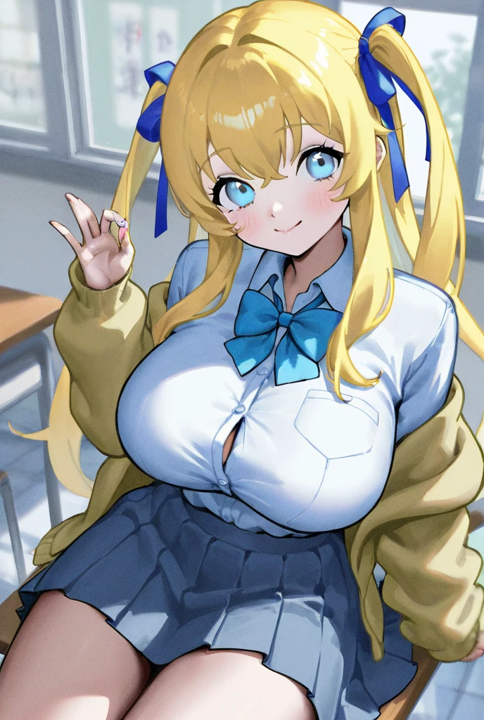 Score 9, Score 8 up, Score 7 up, The rating is questionable,
Detailed Background, Shiny skin,Yayoi Kose,
what is yayoi, yellow hair, yellow eyes, white hairband, hair ornament, medium hair,,nsfw,bunny girl costume,cleavage between breasts,sexy pose,,large breasts,whole body,thin,smiling,daytime,in the classroom,anime style,high quality,masterpiece,highly detailed,Camel Toe:1.21,