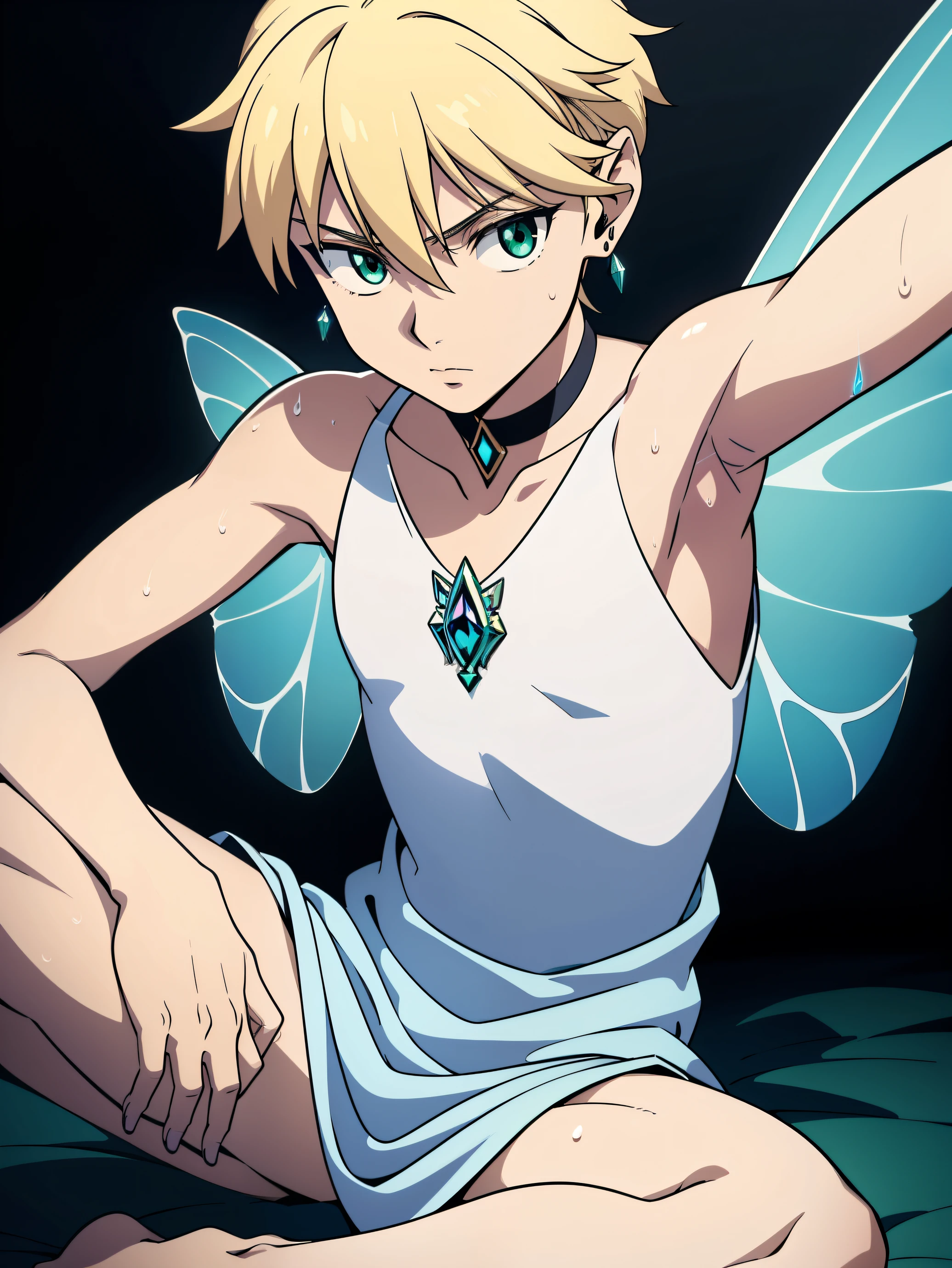 Ultra sharp, masterpiece, best quality, intricate details, detailed eyes, perfect face detailed face, masterpiece, highly detailed exquisite character art, perfectly detailed anatomy 1boy, Boy, Beautiful boy, transparent flowy outfit, pixie, fairy, small, flying, sitting legs spread, shaved sides, glowing, textured skin, whispering, green eyes, blonde hair, glossy face, fairy dust, Slim body, (Very thin body), (very young ), (very small and short body), Boy, (Showing armpit:1.3), Earring, Choker, Sweat, Simple beckground