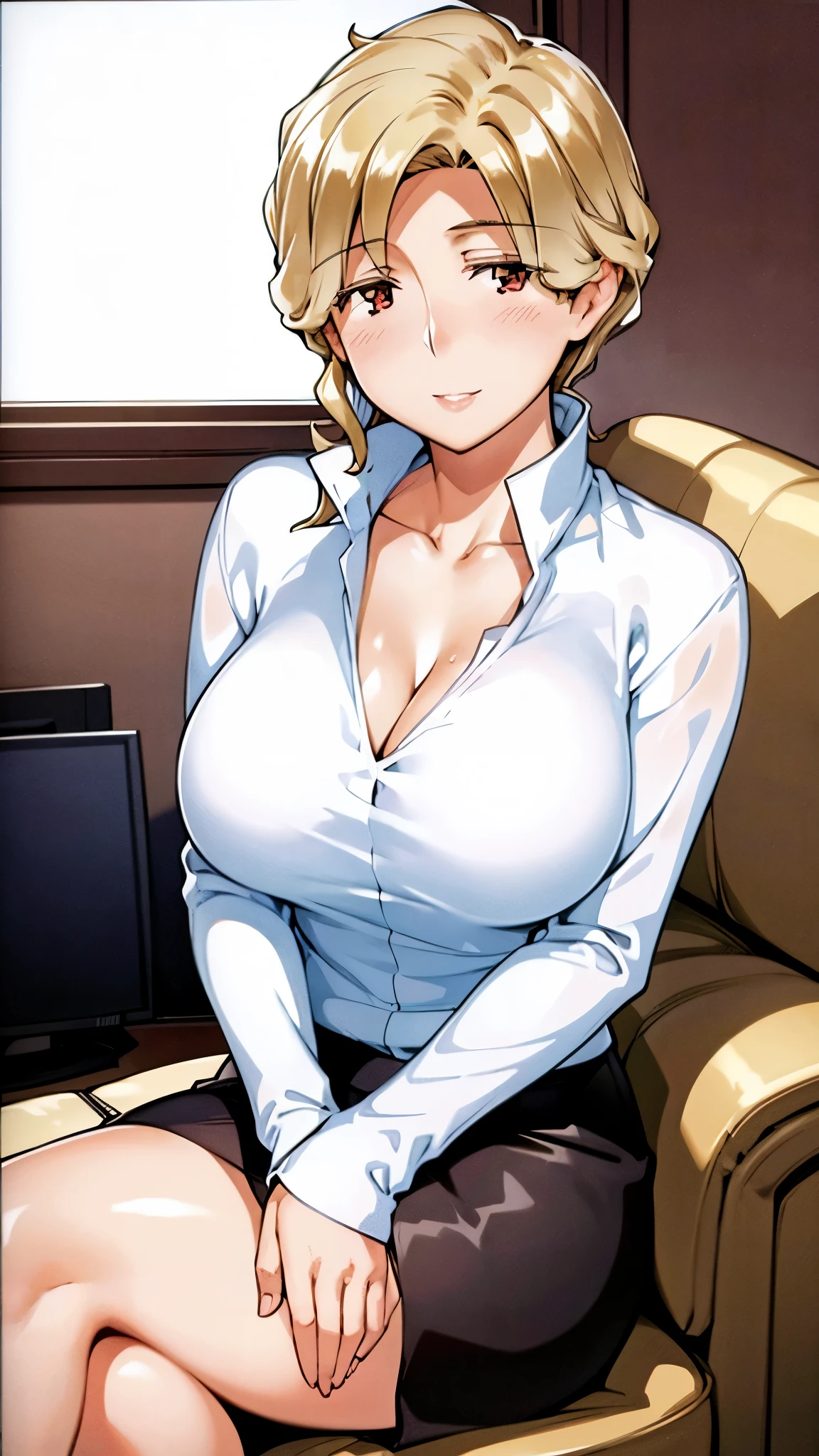 (super quality,super high resolution,16k,Super Masterpiece,Ultra HD ,detailed shading and background,)sexy mature woman,sexy long sleeve white shirt,cleavage,necklace,Big Breasts,tight skirt,cover,maternal smile,thick lips,living room,sitting cross-legged,