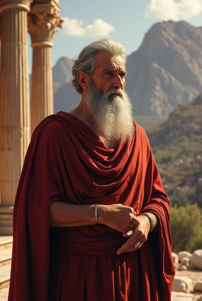 Athens with its temples and columns. A man with a beard, Socrates, Walking around the city.