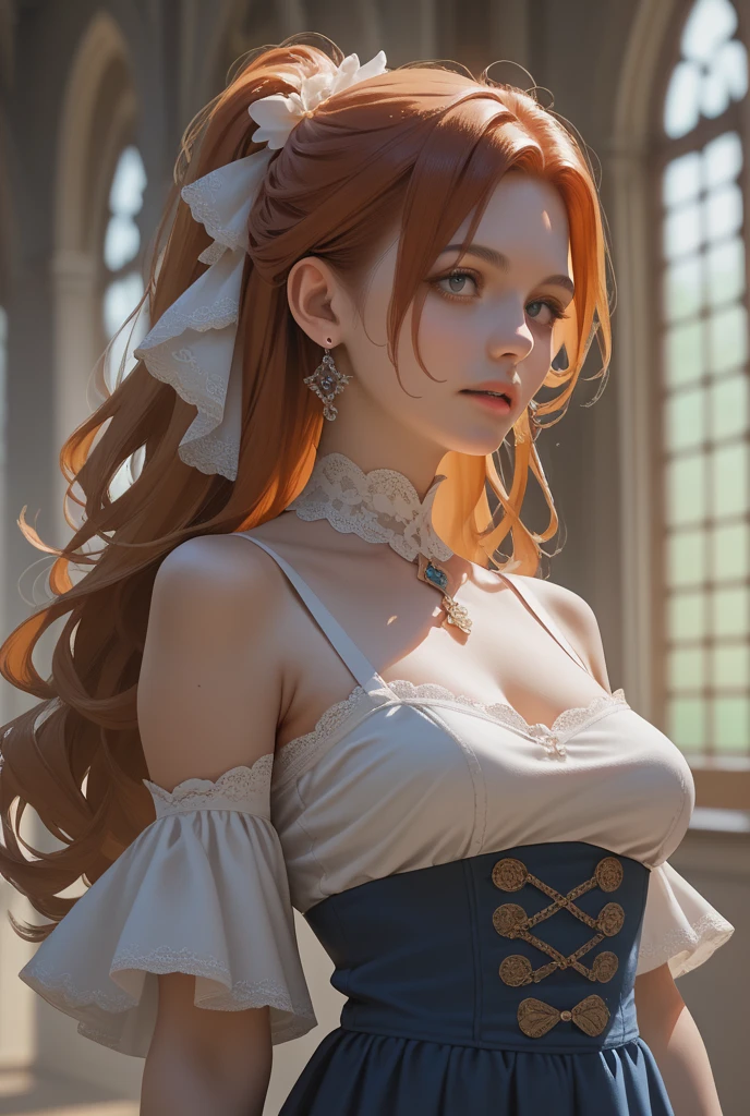 ((realist)), ((photorealist)),((High resolution, masterpiece, Best Quality, cinema lighting)), masterpiece, Best Quality:1.2), masterpiece, Best Quality, 4k, Photography, cinematic lighting, model session, perfect lighting, detailed, Professional photo session,(masterpiece:1.4),(Best Quality:1.4), (intricate details), (showy),cinematic lighting,Fondo de pantalla CG unity 8k extremadamente detailed, (masterpiece, Best Quality:1.2), 5 fingers on each hand, by the wide, Red hair, a white blouse, brown pants, brown sash, 2 hands grab her breasts., big breasts, in a dungeon, chained by the neck.