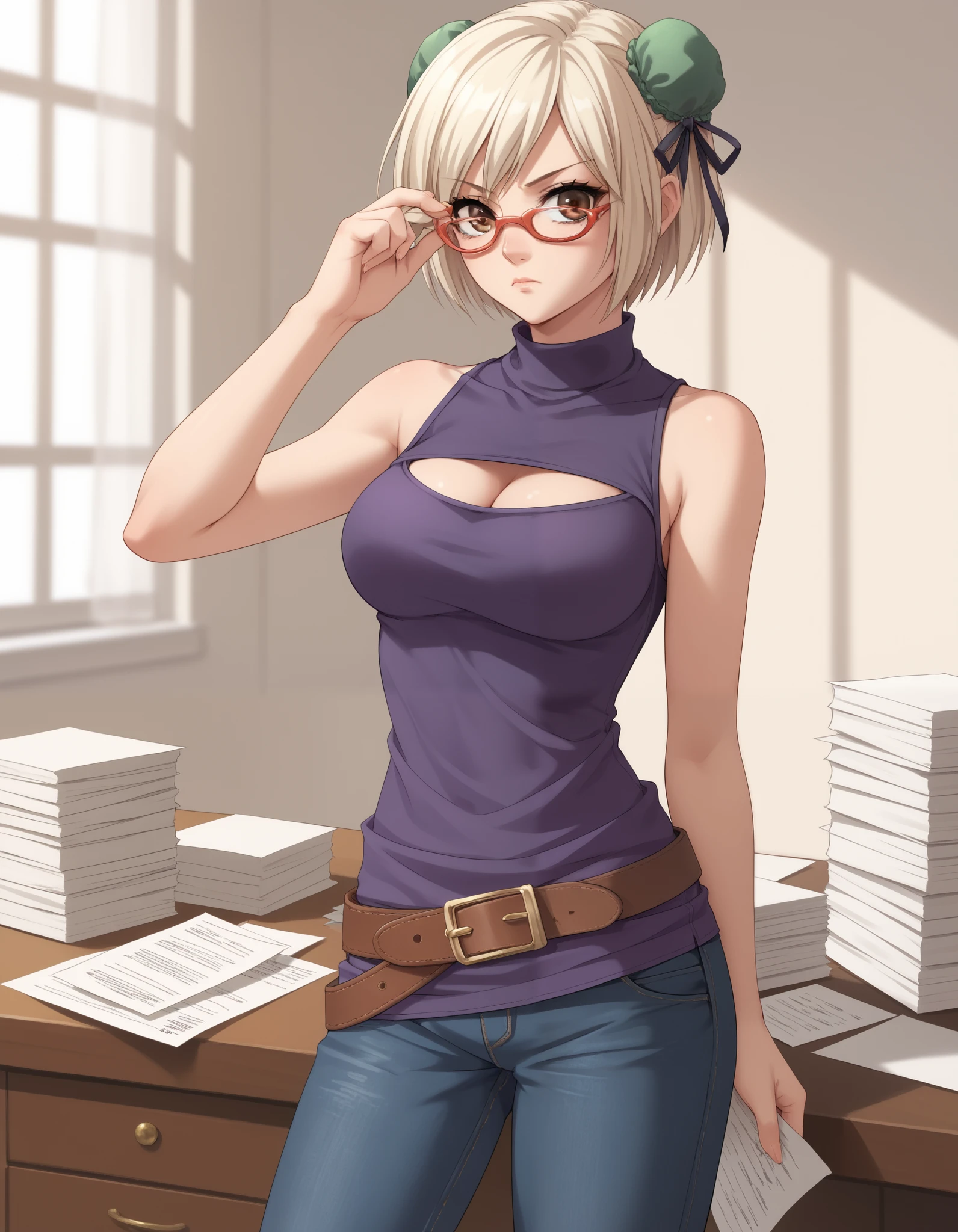 score_9, score_8_up, score_7_up, source_anime, adjusting eyewear, serious, glasses, light blonde hair, brown eyes, short hair, glasses, hair bun, bun cover, bun covers, double bun, 1girl, solo, sleeveless, purple shirt, turtleneck, loose belt, pants, cleavage, jeans, indoors, papers pile, medium full shot, nier2b