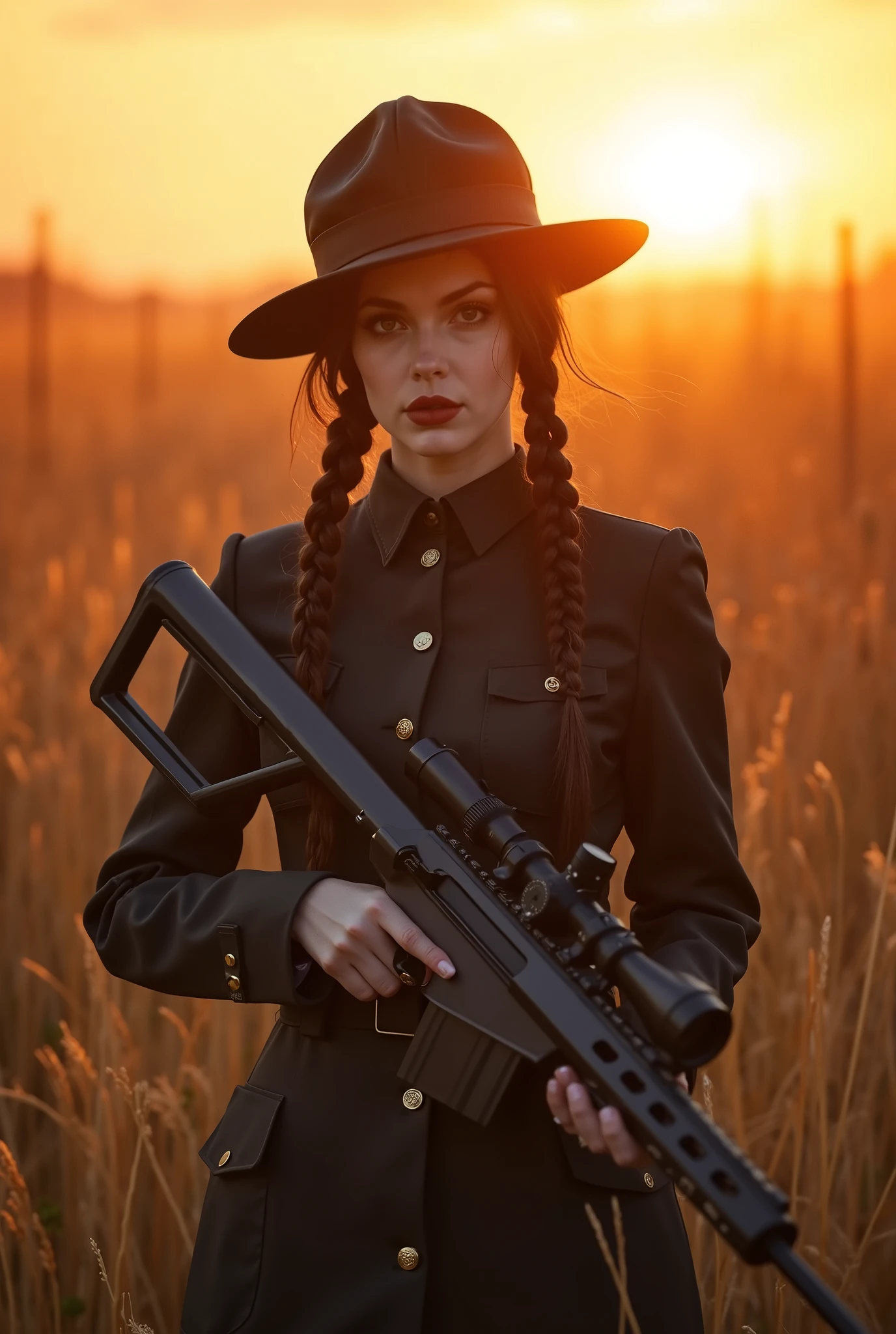 Une jeune femme mince 1m60 tenue mercredi adams mais haut gradé militaire. Peau pâle, style mercredi Adams. Cheveux long, épais, de fines petite tresses dans ses cheveux lisses et défait sans mèche rebelle. Fusil de sniper en viseur vers l'oeil. Photographie. Soleil couchant. HDR. 4k