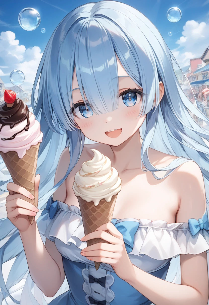 masterpiece, best quality, extremely detailed, (illustration, official art:1.1), 1 girl ,(((( light blue long hair)))), ,(((( light blue long hair)))),light blue hair, , long hair ((blush)) , cute face, big eyes, masterpiece, best quality,(((((a very delicate and beautiful girl))))),Amazing,beautiful detailed eyes,blunt bangs((((little delicate girl)))),tareme(true beautiful:1.2), sense of depth,dynamic angle,,,, affectionate smile, (true beautiful:1.2),,(tiny 1girl model:1.2),)(flat chest),A very beautiful light blue long hair girl is eating a giant ice cream in front cafe.
1girl, solo, (white tube-top), off shoulders, portrait, looking at ice cream cone, ((giant mint soft cream, and chocolate soft cream mixed)), food, open mouth, (holding ice cream cone), brown cone, long hair, swaying bangs, mint eyes, beautiful round eyes, long eyelashes, perfect her fingers, pale skin, many laundry machines. indoor,