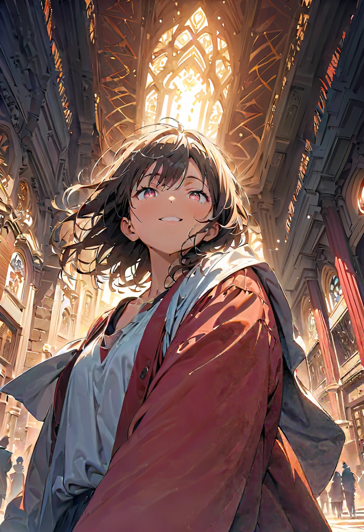 (masterpiece, Top Quality, official art:1.2), perfect anatomy, watches the audience, one girl from before the evening, alone, white background, super precise illustration, HIGH DETAILS , dynamic angle, beautifully detailed, 8k, anime style, (shining eyes, A more beautiful face), break,dynamic angle, full body shot, break smiling amidst the カラフル scenes,