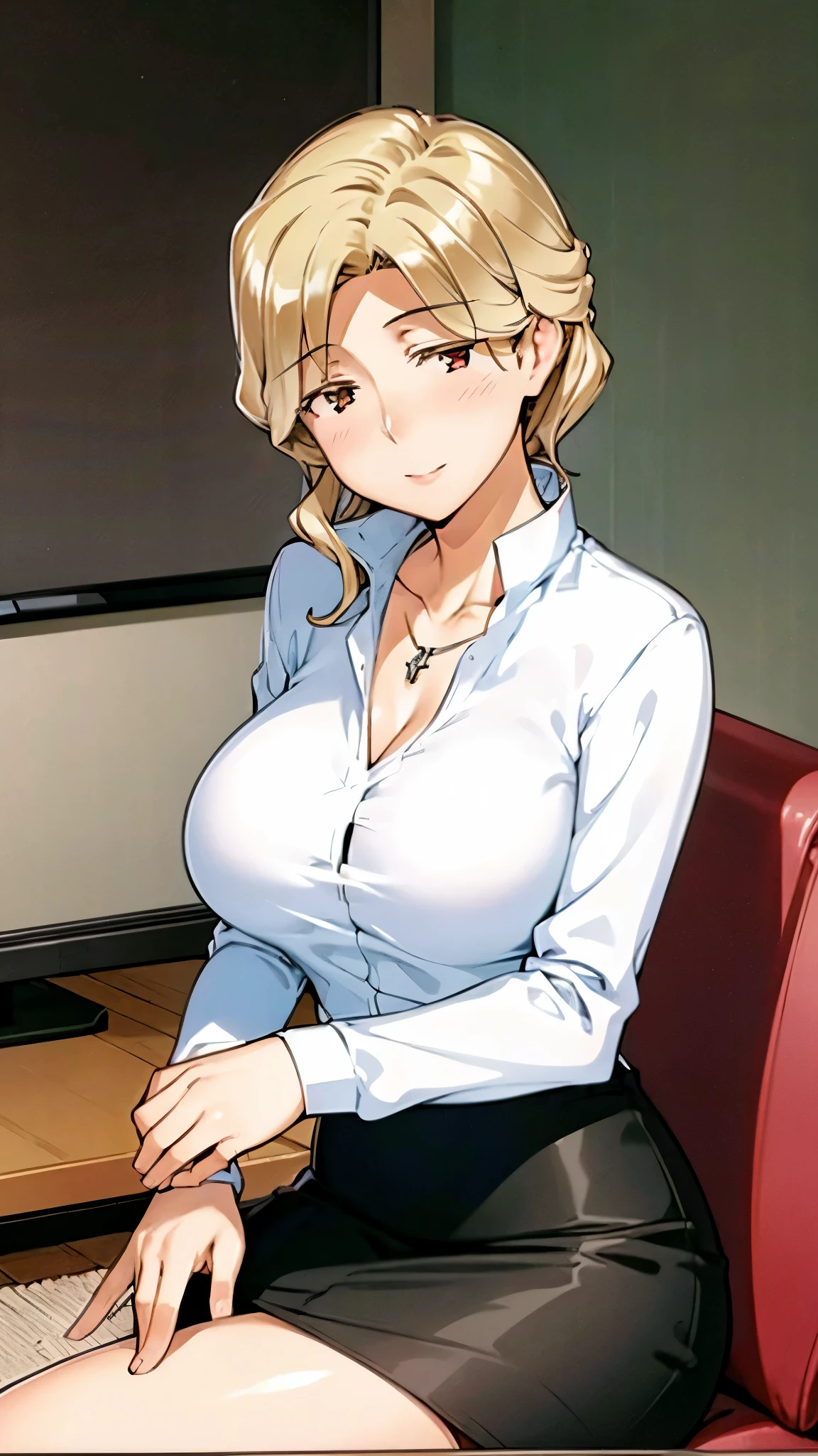 (super quality,super high resolution,16k,Super Masterpiece,Ultra HD ,detailed shading and background,)sexy mature woman,sexy long sleeve white shirt,cleavage,necklace,Big Breasts,tight skirt,cover,maternal smile,thick lips,living room,sitting cross-legged,place one hand on the side of your head,
