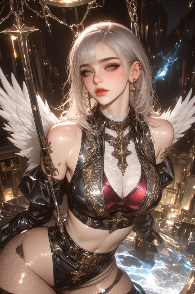 top-quality、masterpiece、超A high resolution、(Photorealsitic:1.4)、Raw photo、Mechanical Angel、large wings made of metal、White porcelain body、white hair、glowy skin、1 Mechanical Girl、((super realistic details))、portlate、globalillumination、Shadow、octan render、8K、ultrasharp、character edge light,Colossal tits、Raw skin is exposed in cleavage、Details of complex ornaments、Hydraulic cylinder、highly intricate detail、Realistic light、a purple eye、radiant eyes、Facing the camera、neon details、cowboy shot、Futuristic headgear、Sumerian details、Small LED lamp、