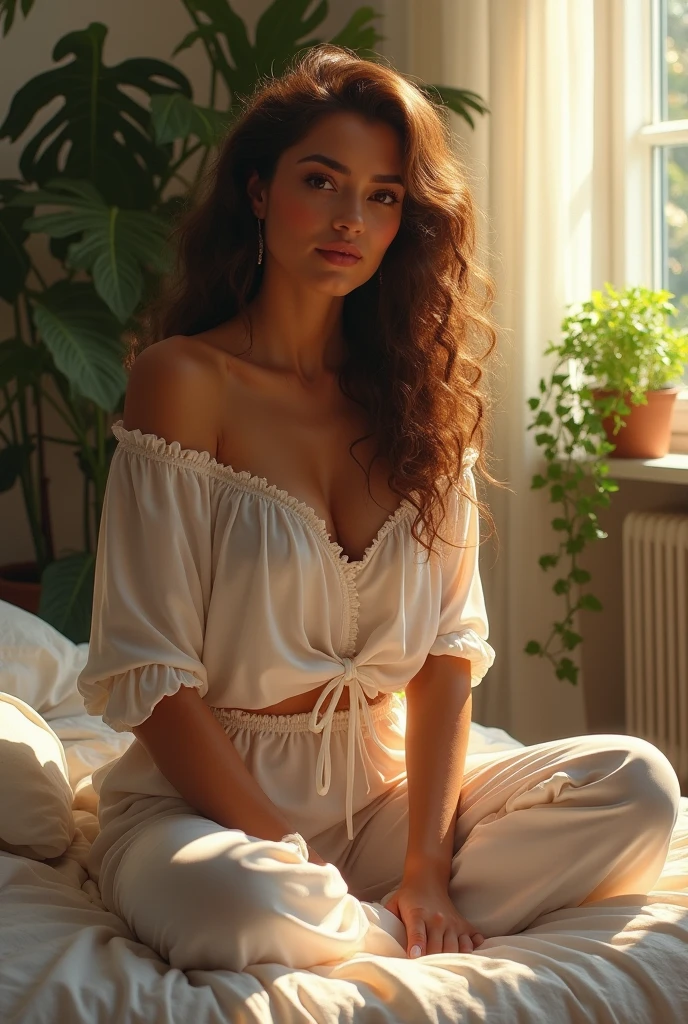 (photorealism:1.2), beautiful woman, sitting on bed, wearing loose off-shoulder top, pajama pants, long curly hair, indoors, soft lighting, plants in background, window with sunlight, cozy room, relaxed pose, realistic, intricate details, warm colors, by Greg Rutkowski, by Alphonse Mucha