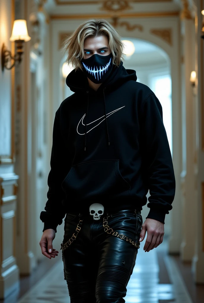 Feminine male with blonde hair in a braid, blue eyes, deer skull mask, black scelras, earrings, blue hoodie and black shorts with brown boots