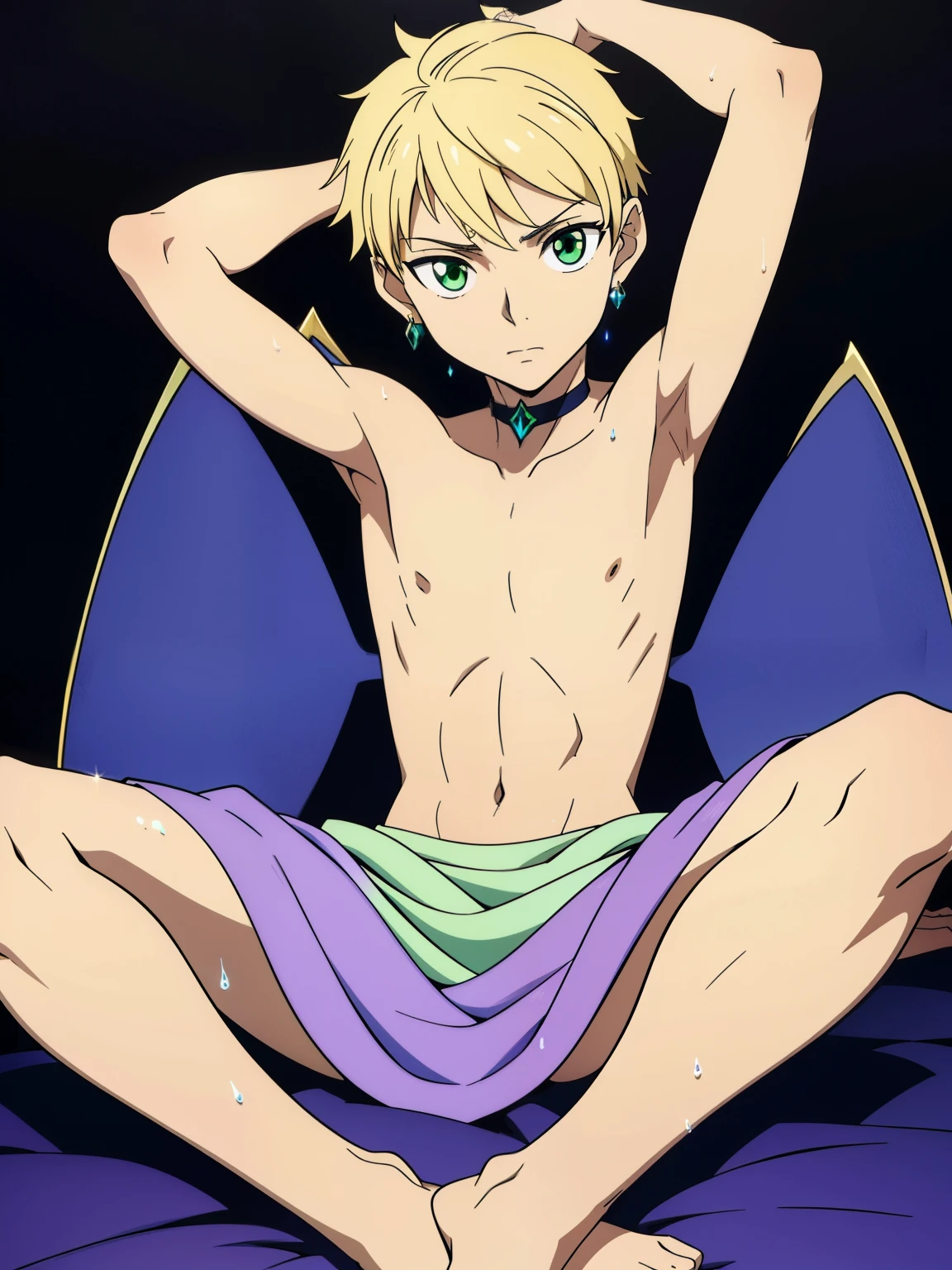 Ultra sharp, masterpiece, best quality, intricate details, detailed eyes, perfect face detailed face, masterpiece, highly detailed exquisite character art, perfectly detailed anatomy 1boy, Boy, Beautiful boy, transparent flowy outfit, pixie, fairy, small, flying, sitting legs spread, shaved sides, glowing, textured skin, whispering, green eyes, blonde hair, glossy face, fairy dust, Slim body, (Very thin body), (very young ), (very small and short body), Boy, (Showing armpit:1.3), Earring, Choker, Sweat, Simple beckground