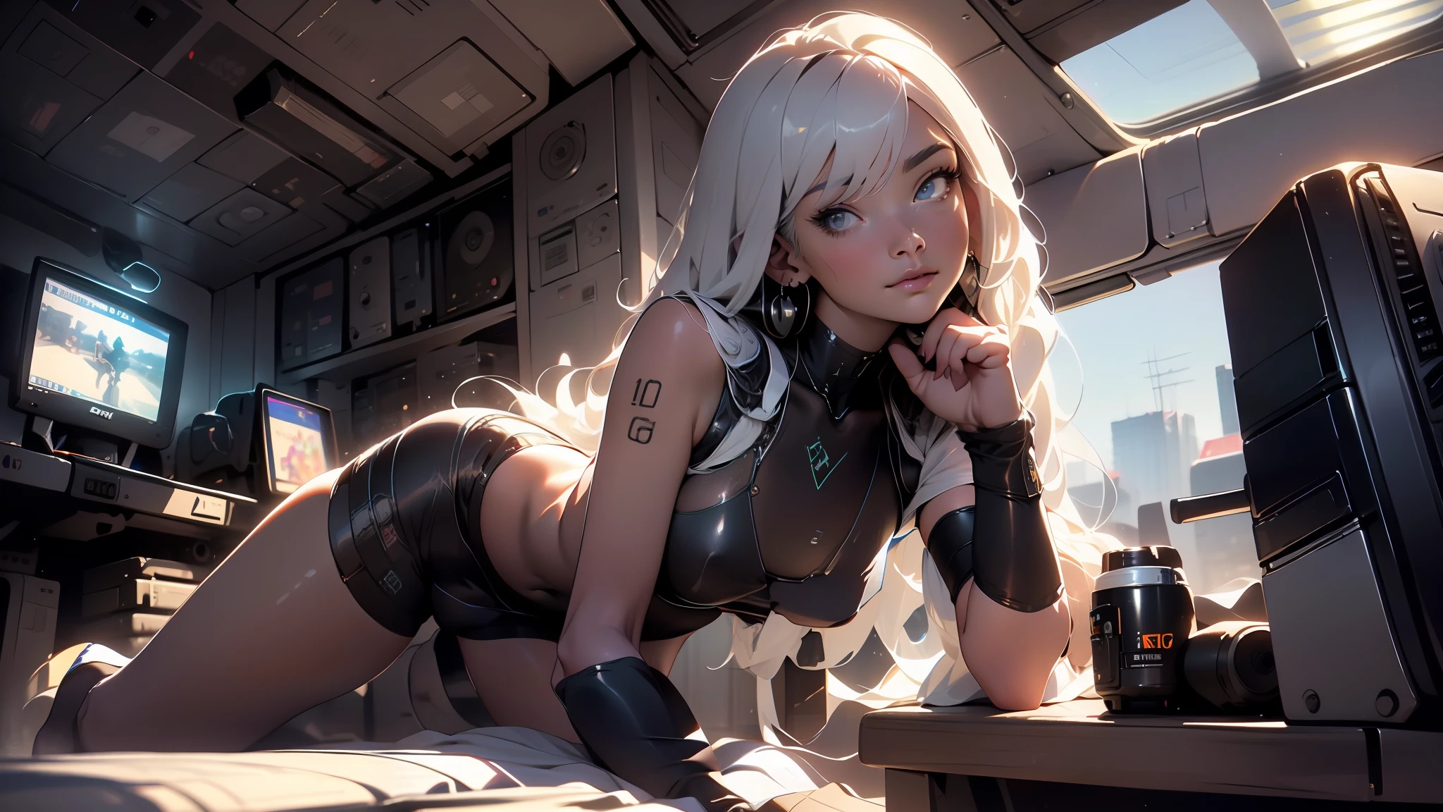 masterpiece, best quality, highres, highly detailed, ((sexy fit waifu:1.3)), plump medium breasts, pale skinned girl, eye-shadow, blacked-out eyes, long straight silvery white hair, (black choker), (formfitted high cut croptop), (torn form-fitting pants), (thigh squeezing boots), she's sitting in a spaceship bedroom. With an evil smirk on her pretty face.