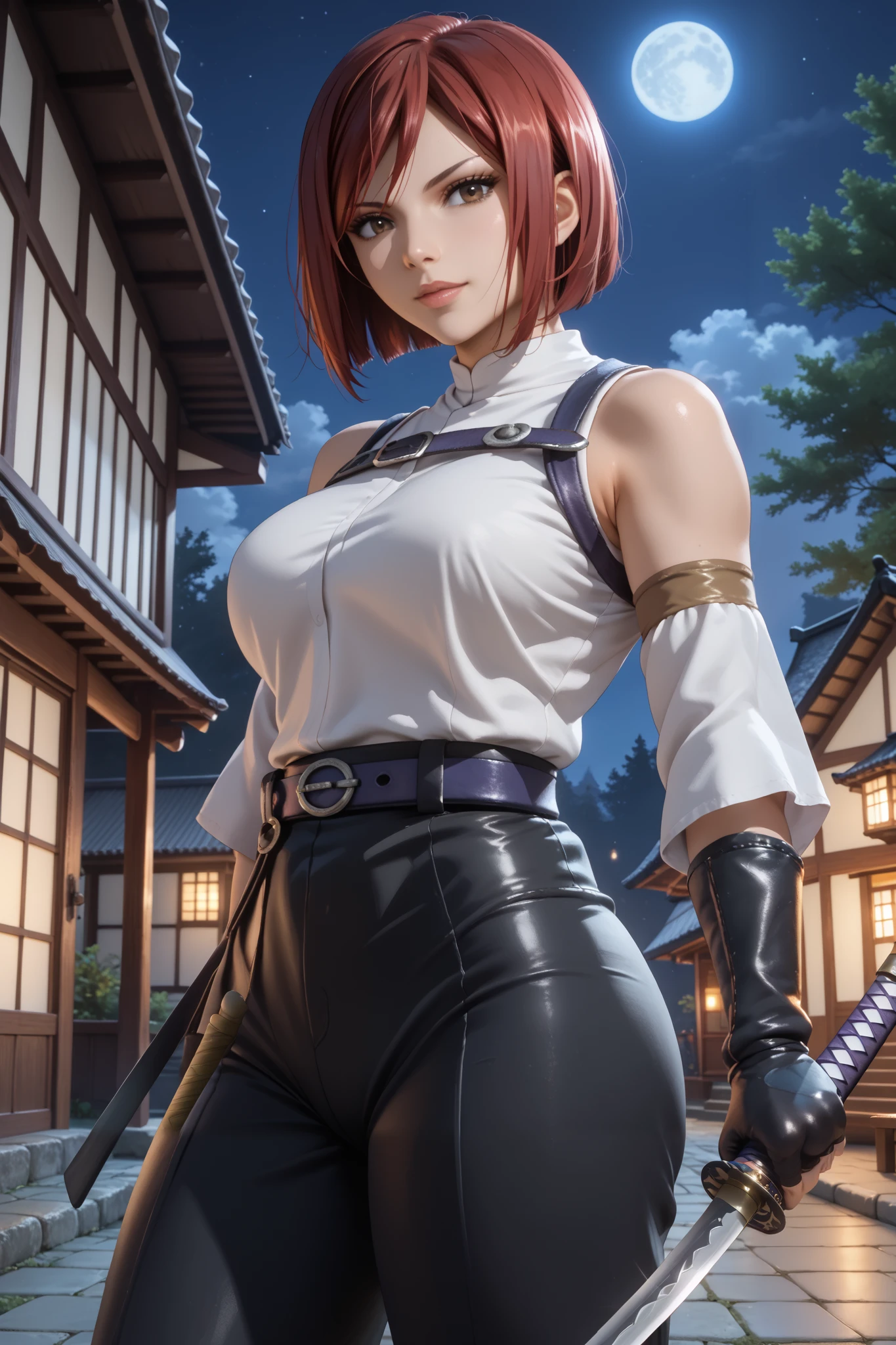 masterpiece, beautiful, ultra-detailed, detailed face, 4k, hd, perfect lighting, best quality, score_9, score_8_up, score_7_up, 2d art, perfect hands, perfect eyes
((cowboy shot))
erza knightwalker, red hair, brown eyes, short hair, large breasts, gloves, belt, bob cut, leotard, highleg leotard,
1woman, confident pose, 30yo, big breast, adult, ((mature woman)), katana, holding katana, from back, ((skirt)), pants
night, house, kyoto
realism, detailed, skin texture style