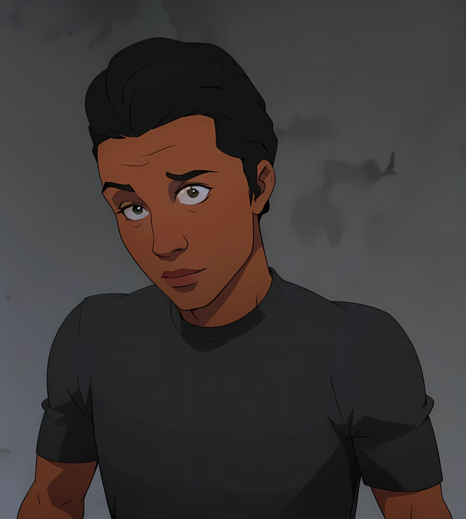 Bill-Blue
A black ager, black curly hair, wearing a black shirt, olhos azuis