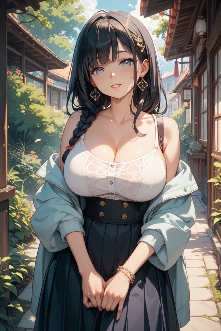 absurd, 8K, high resolution, Ultra-detailliert, beautiful, Meisterwerk, best quality, very pretty woman, Jung, dunkelblaues Haar, Sonnenhut, Gartenschere, Florist, (very huge breasts:1.4), (rundes Haar:1.6), detailliertes Frauengesicht, Sehr attraktiv, Im Blumenladen, Blumen